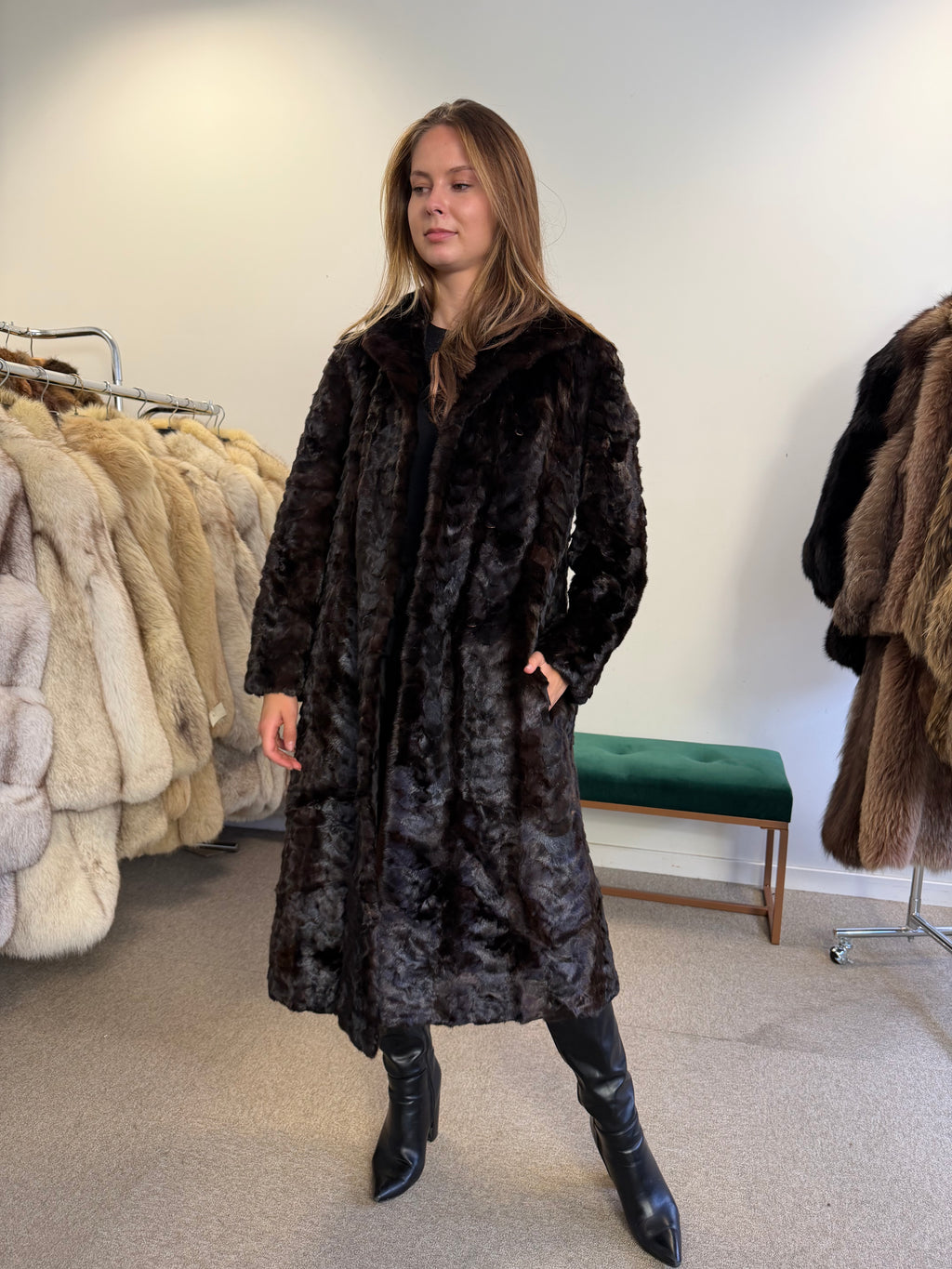Brown Mink Fur Coat, Pieced, Full Length, Medium
