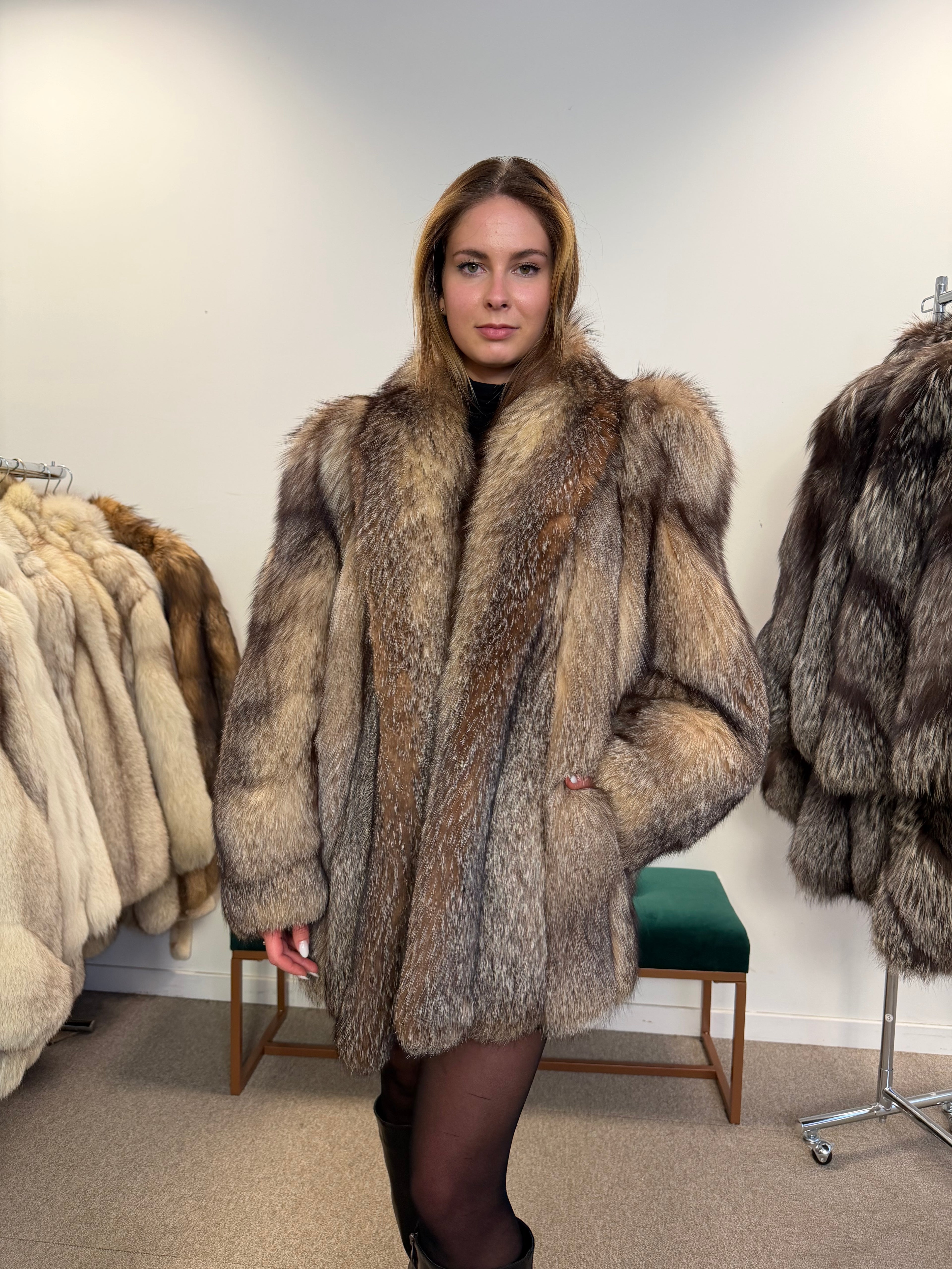 Crystal Fox Real Fur Coat, Size L, Frost White