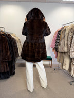 NEW Mink Fur Coat, Dark Hooded, XL