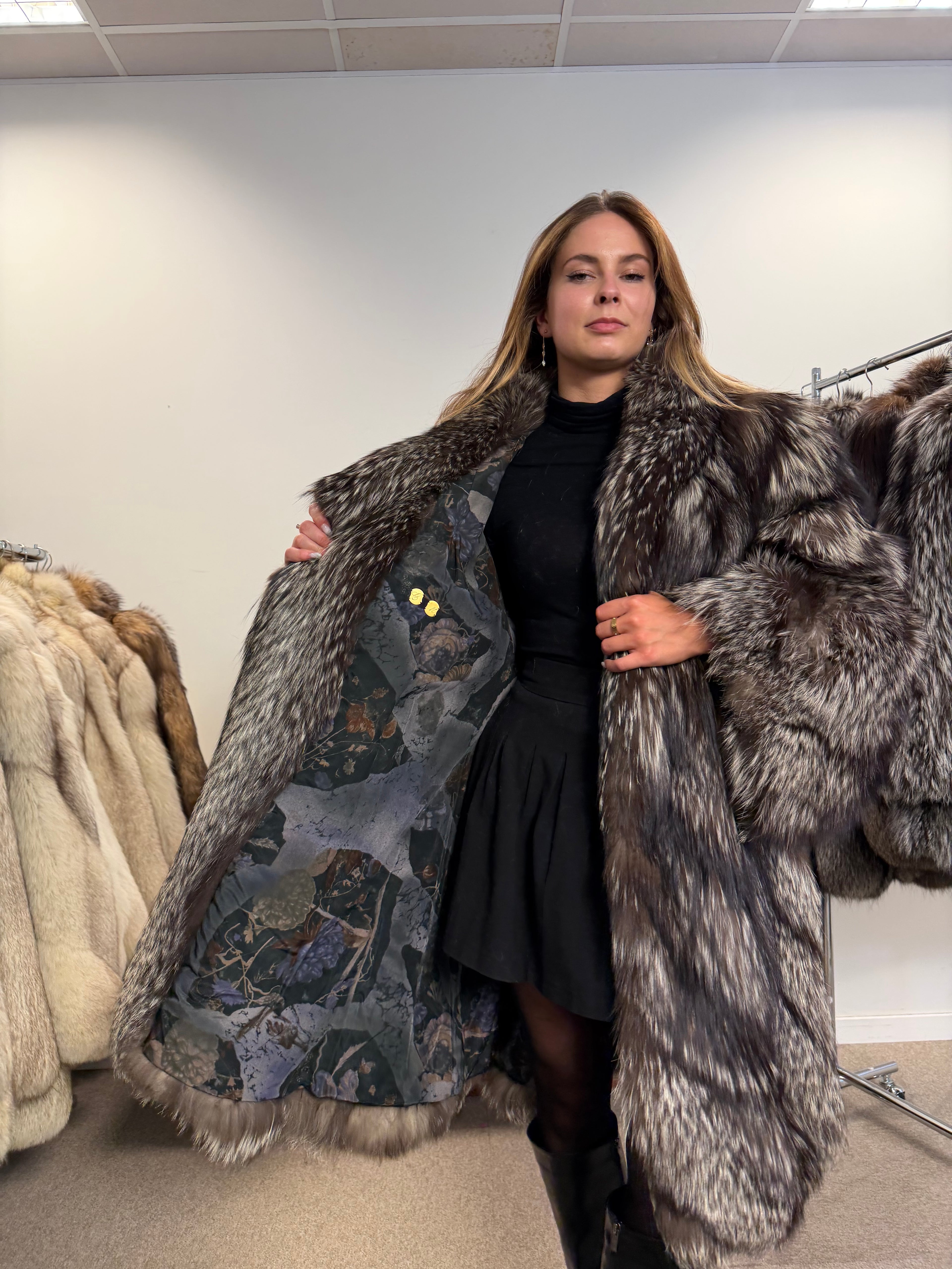Silver Fox Real Fur Coat, Size XXL, Full Length Shawl Collar