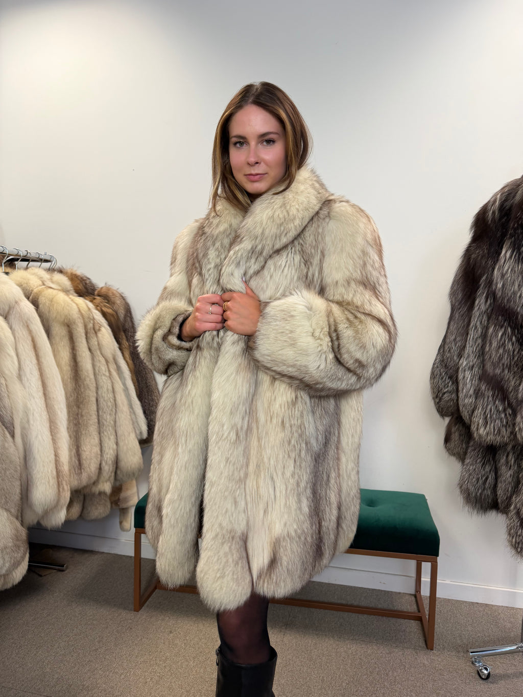 White Nordic Fox Real Fur Coat, Size L