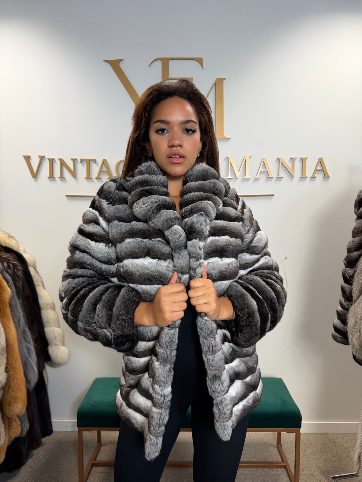 Chinchilla Fur Jacket, Grey, Medium, New Handmade