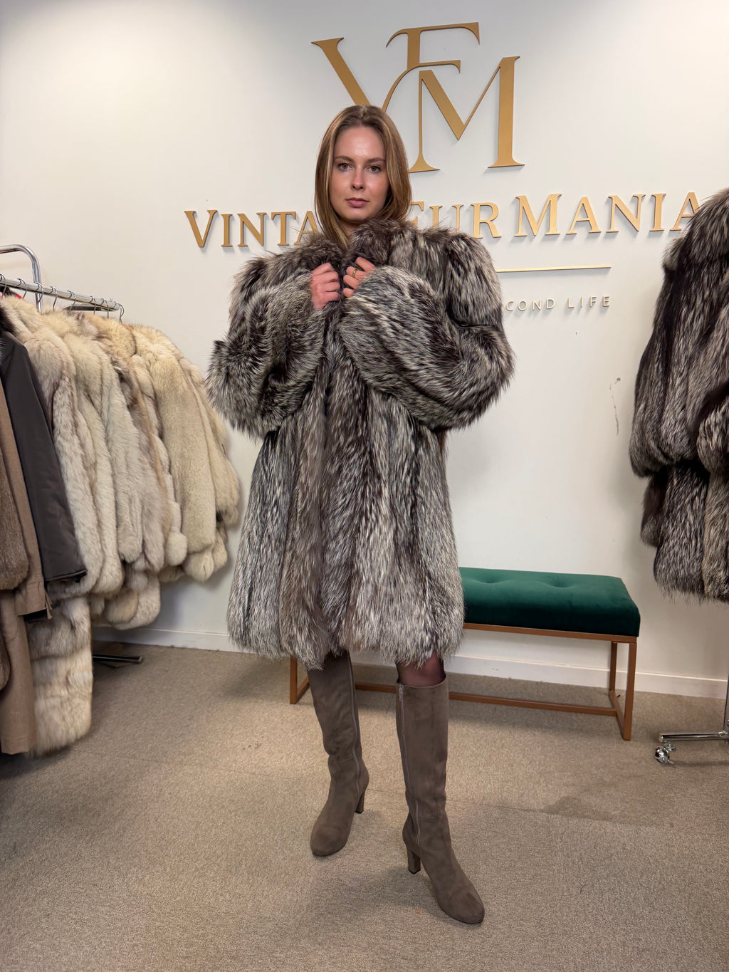 Silver Fox Fur Coat, XL, Collarless, Rare Style