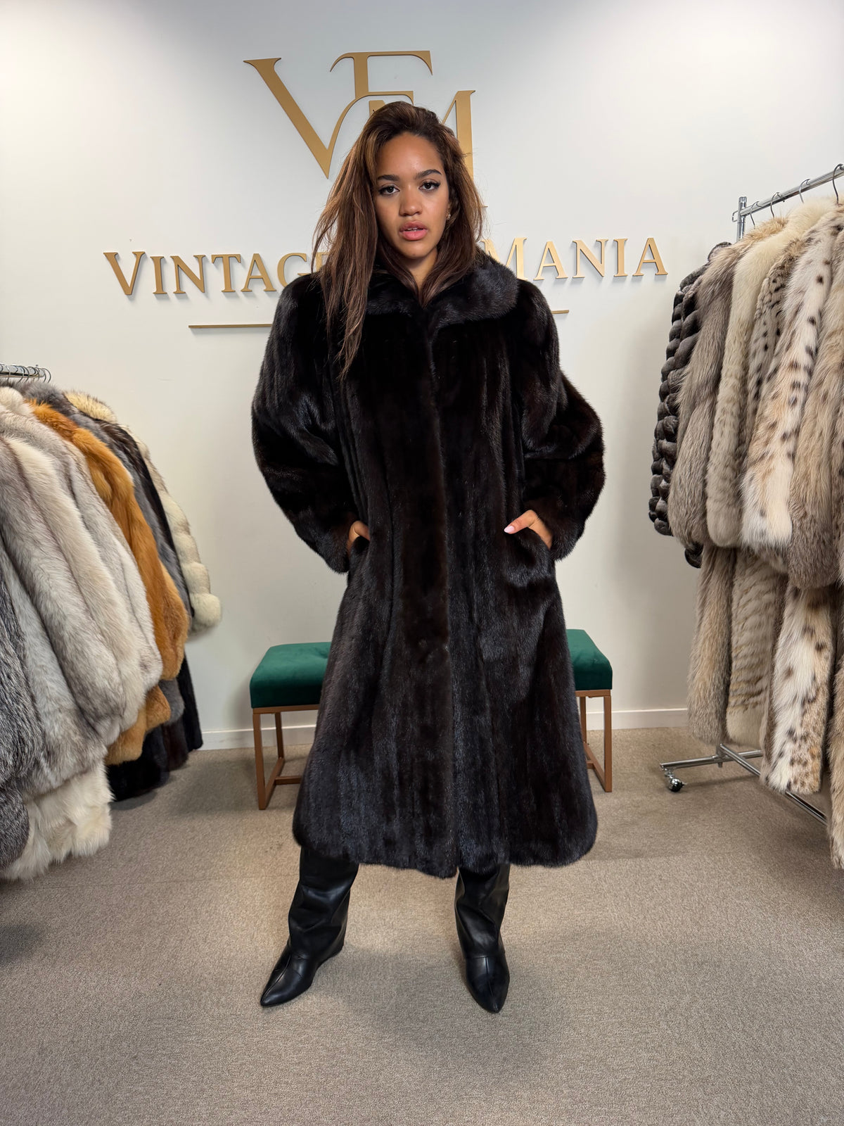 Mink Fur Coat, Dark Brown Almost Black, XL, Crown Lining