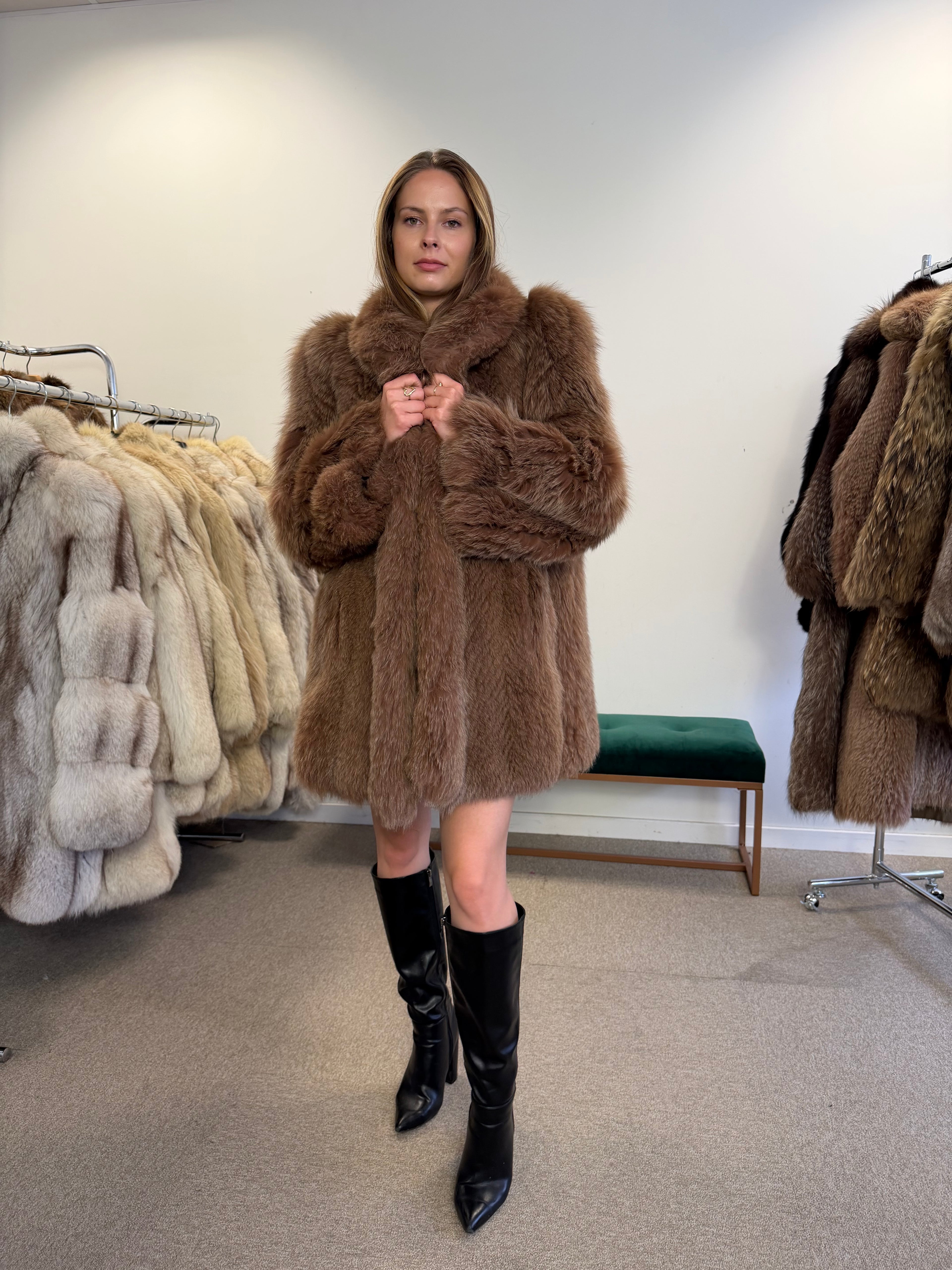 Fox Fur Coat, Brown, Size M