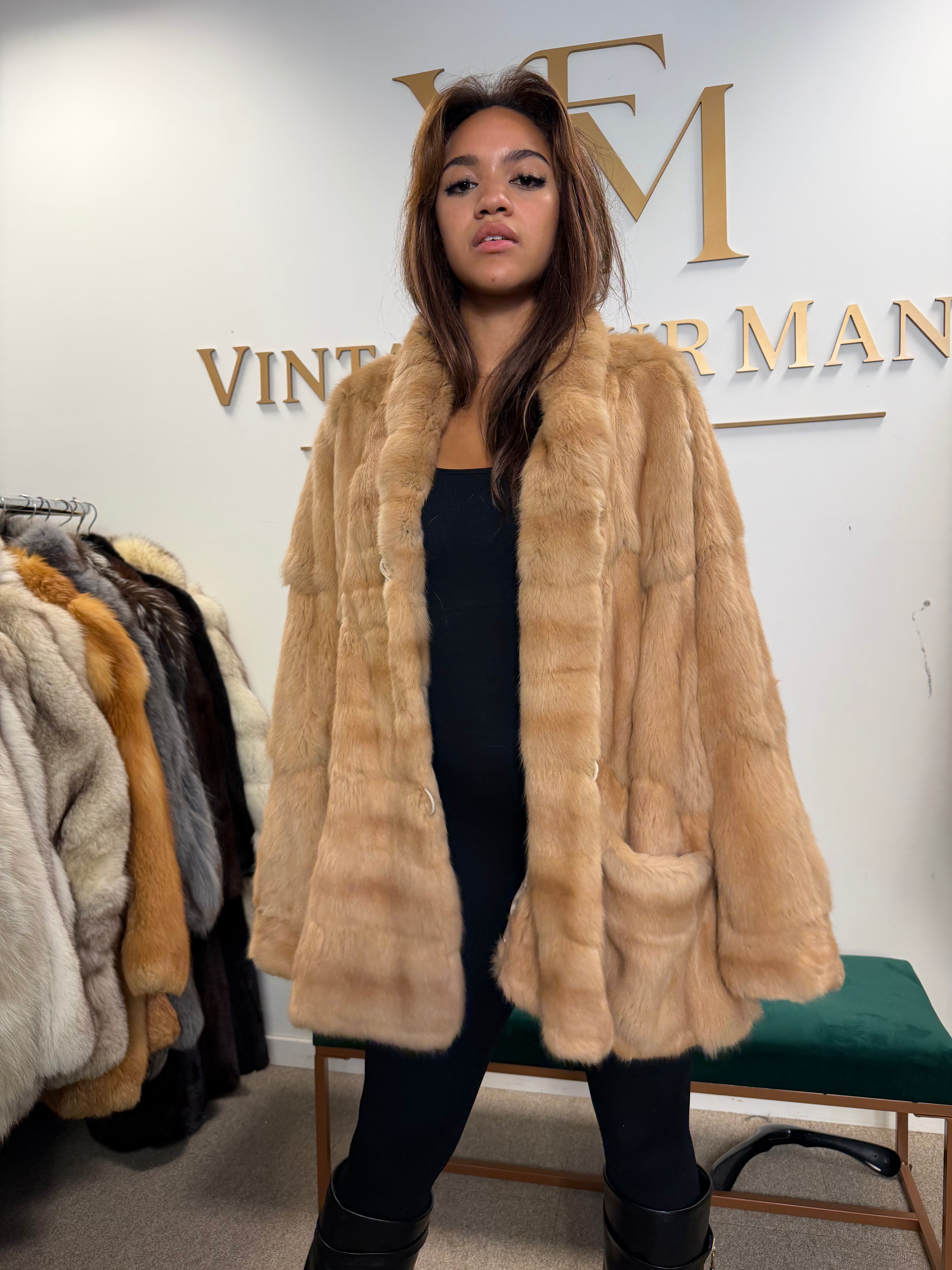Cream Beige Feh Fur Coat, Butterfly Style, XL