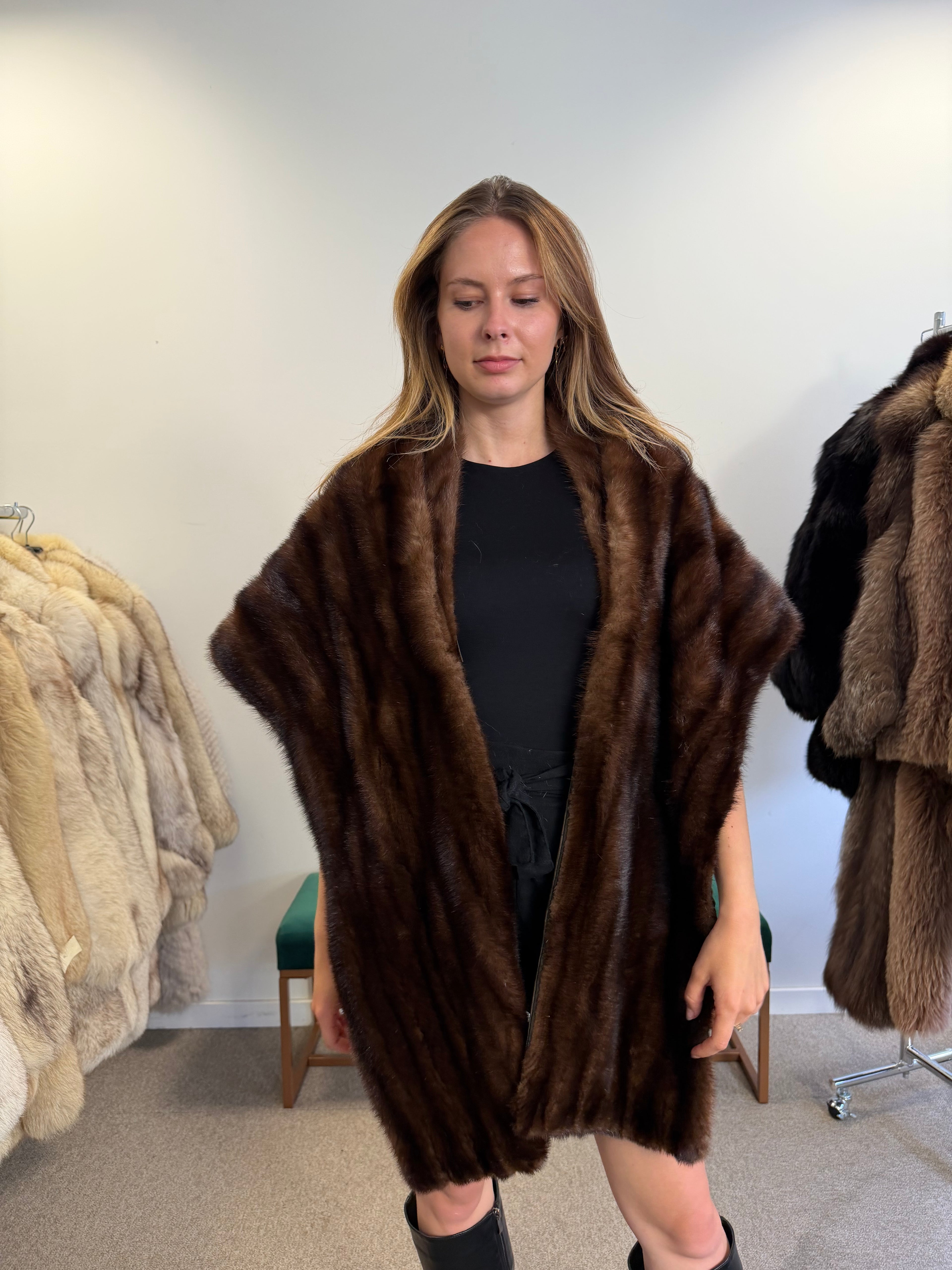 Mink Fur Stole, Dark Brown, Thick 200 cm