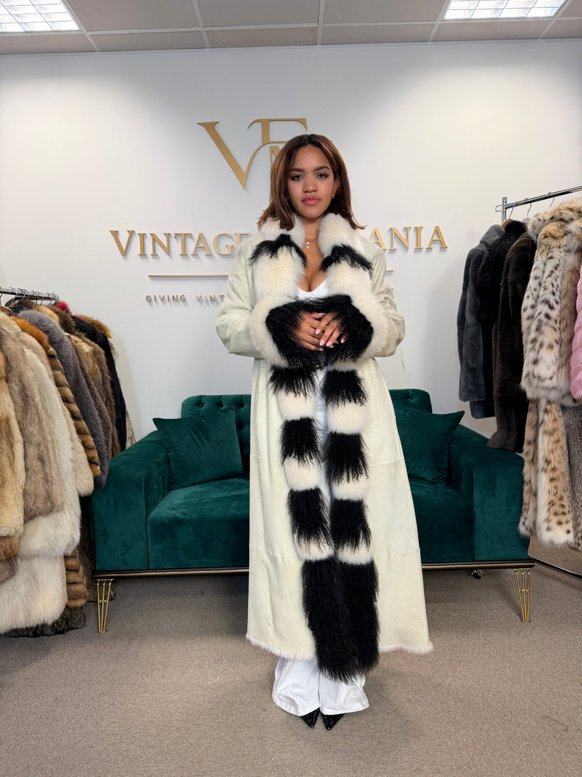 Shearling Sheepskin Coat with Fox & Shearling Collar, Medium, Full Length