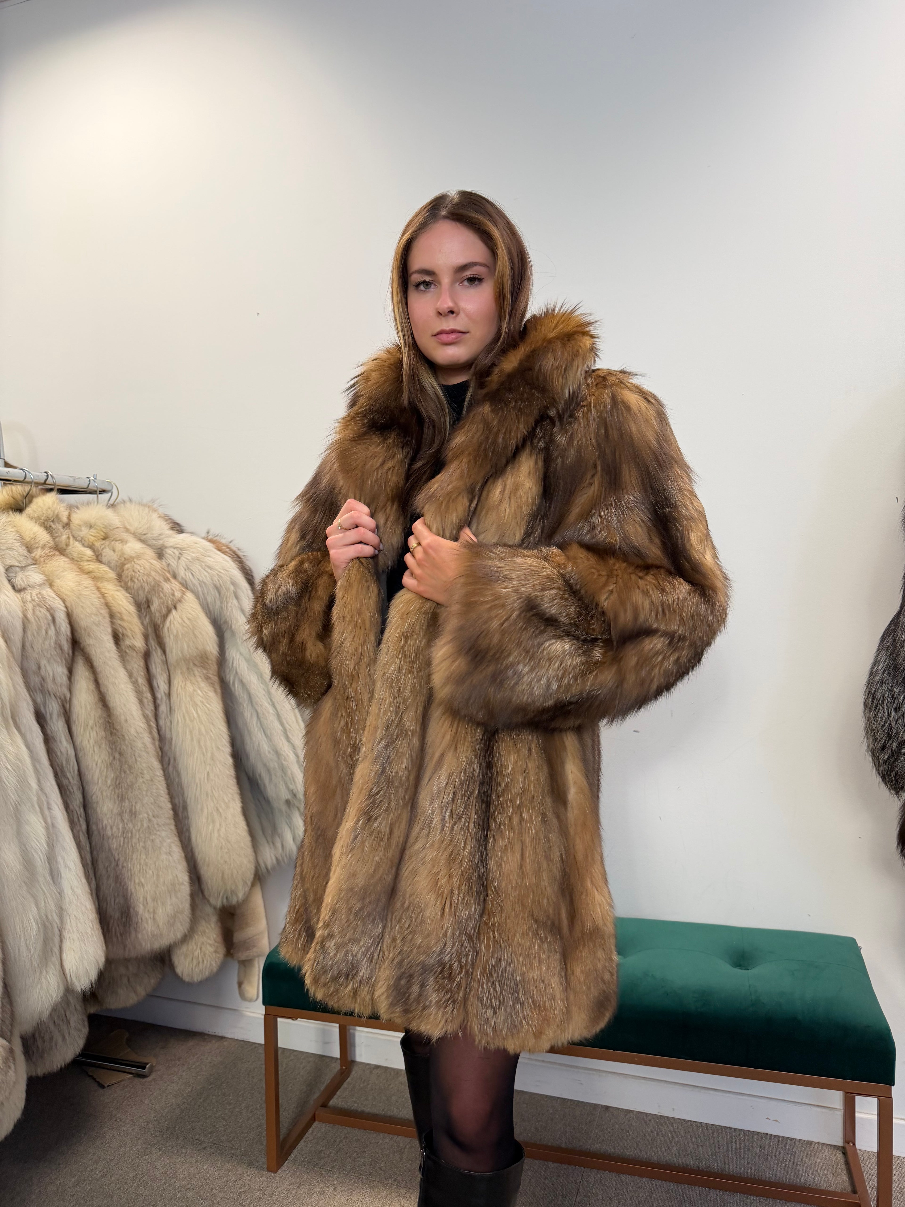 Fox Fur Coat, Cross Fox, Shoulder Pads, Size M