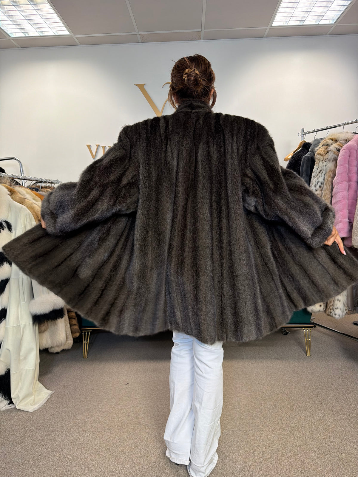 Dark Green Dyed Cross Mink Fur Jacket, 3XL, Oversize