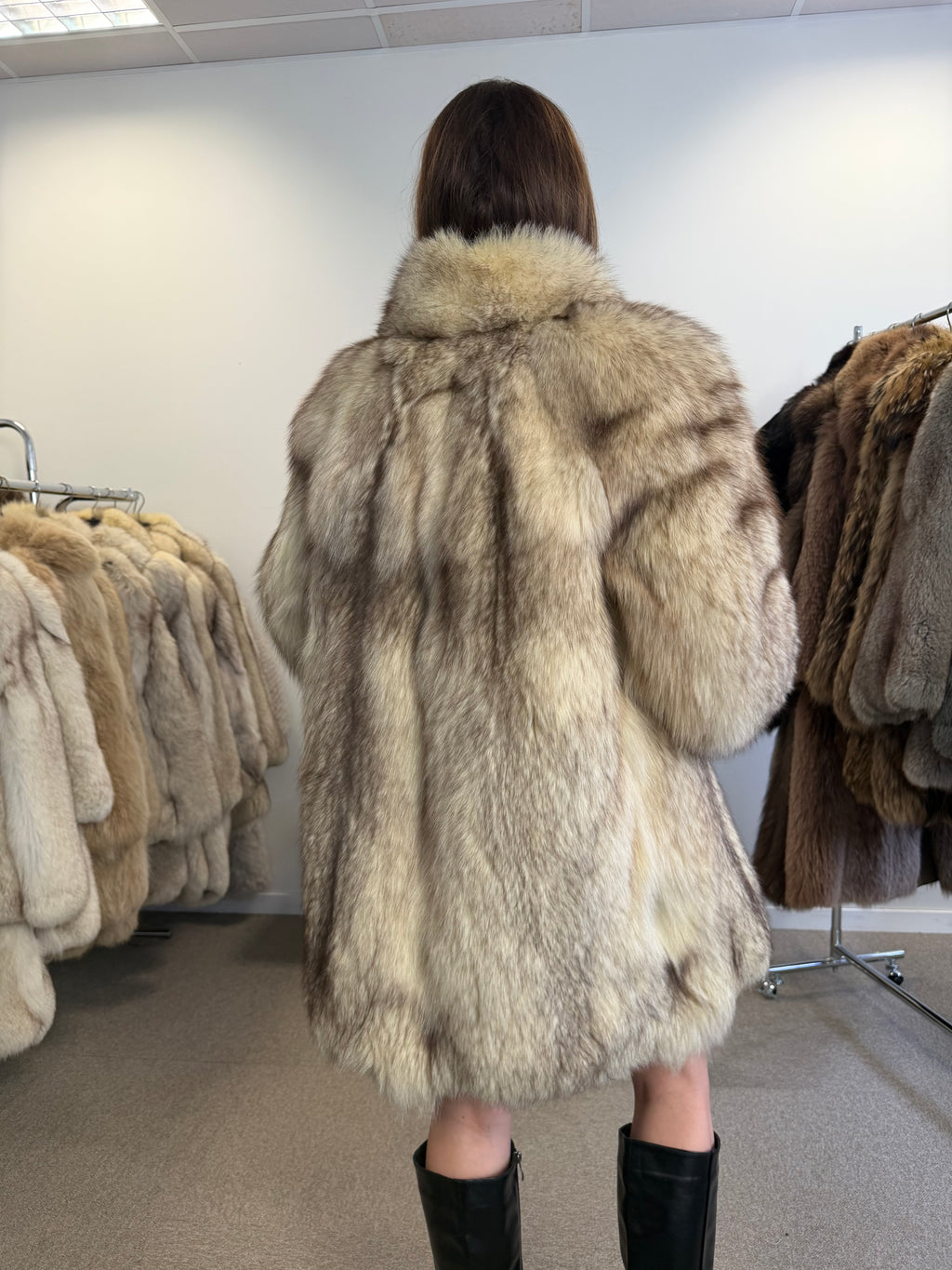 Blue Fox Fur Coat, White, Size L