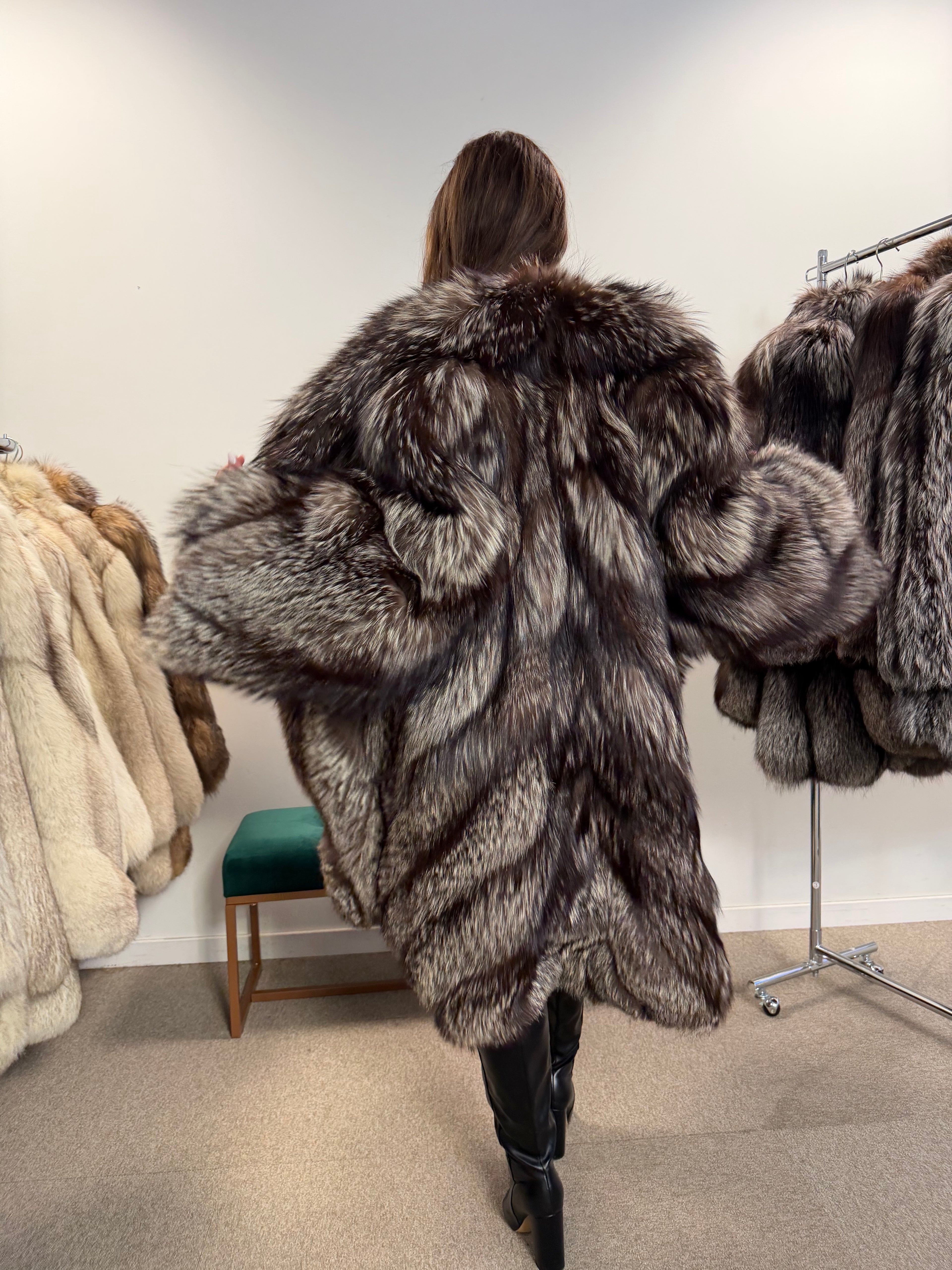 Silver Fox Real Fur Coat, Size XXL, Full Length Shawl Collar