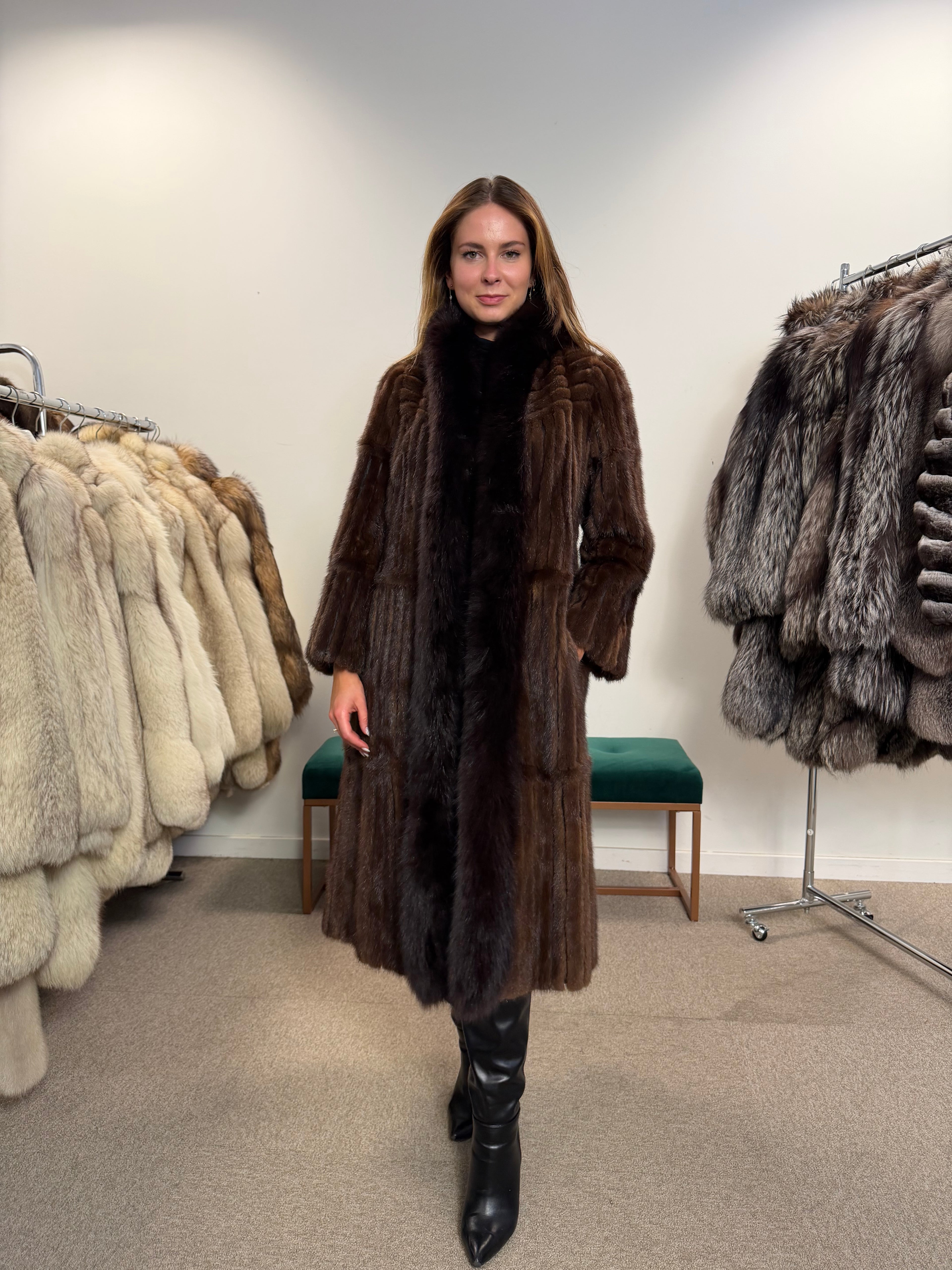 Brown Mink Fur Coat, Fox Collar, Size M