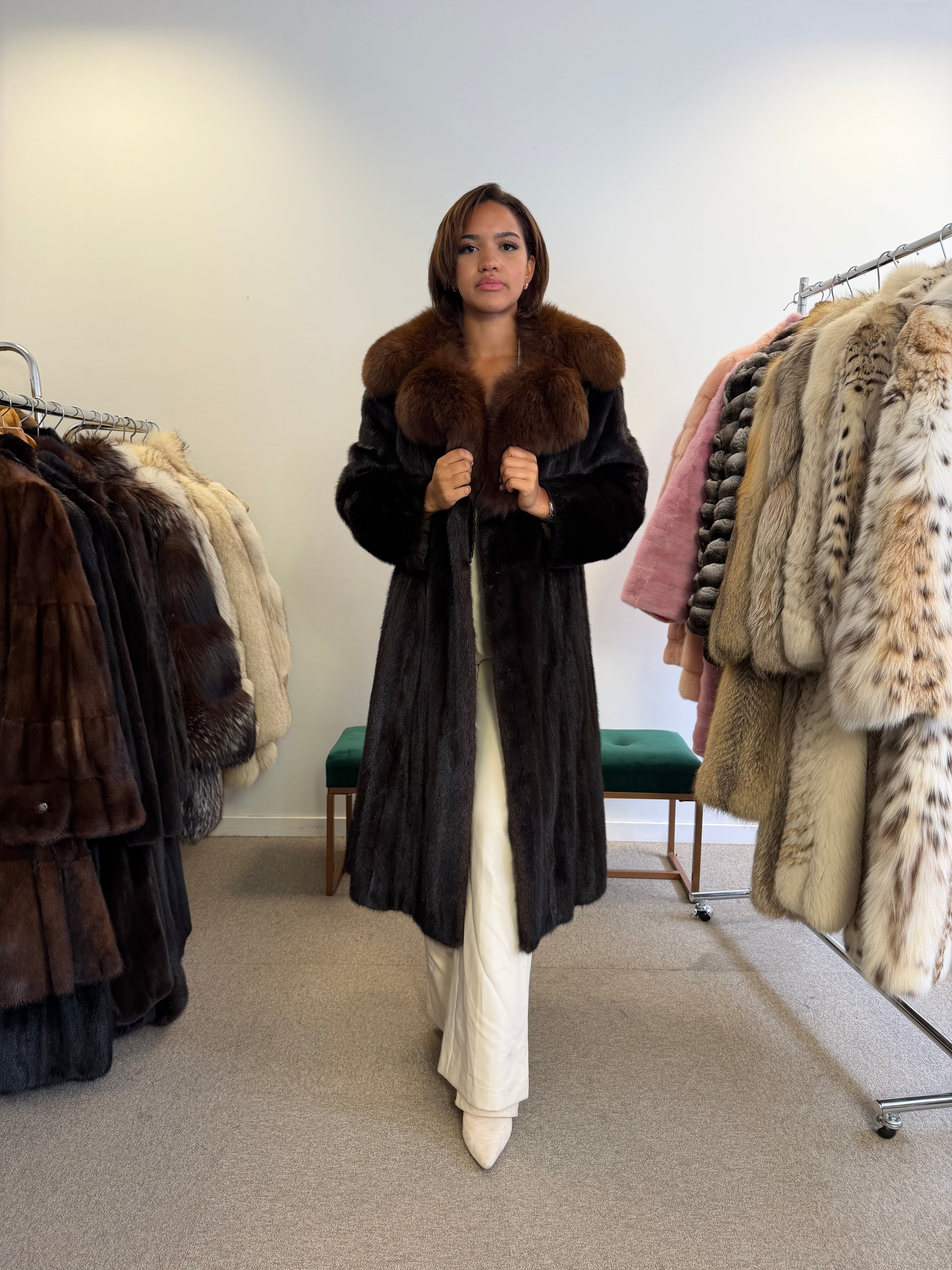 Mink Fur Coat, Dark Brown, SAGA Mink with brown fox Collar, L size