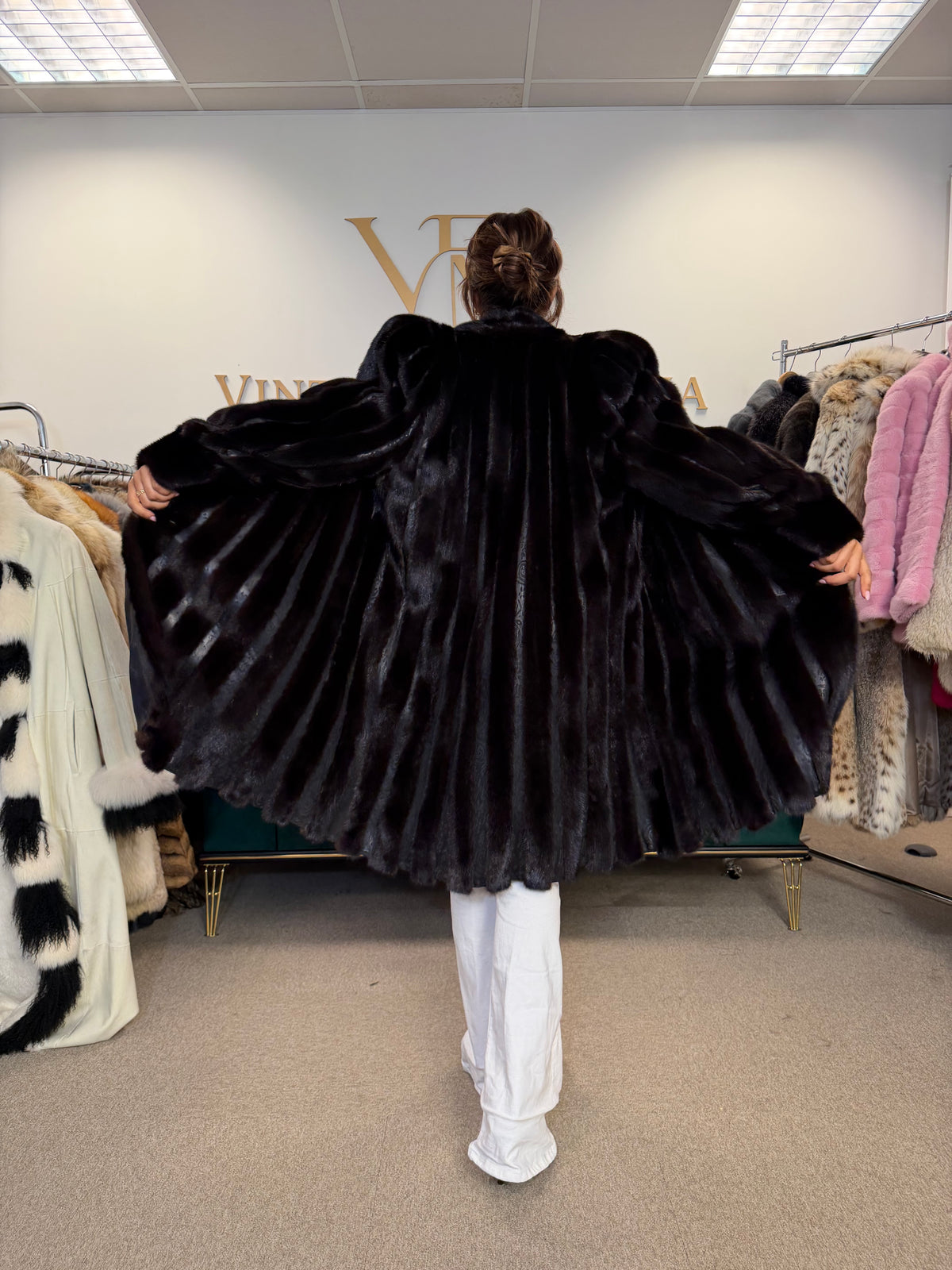 Dark Mink Fur Coat, Large, Swinger, Leather, Designer