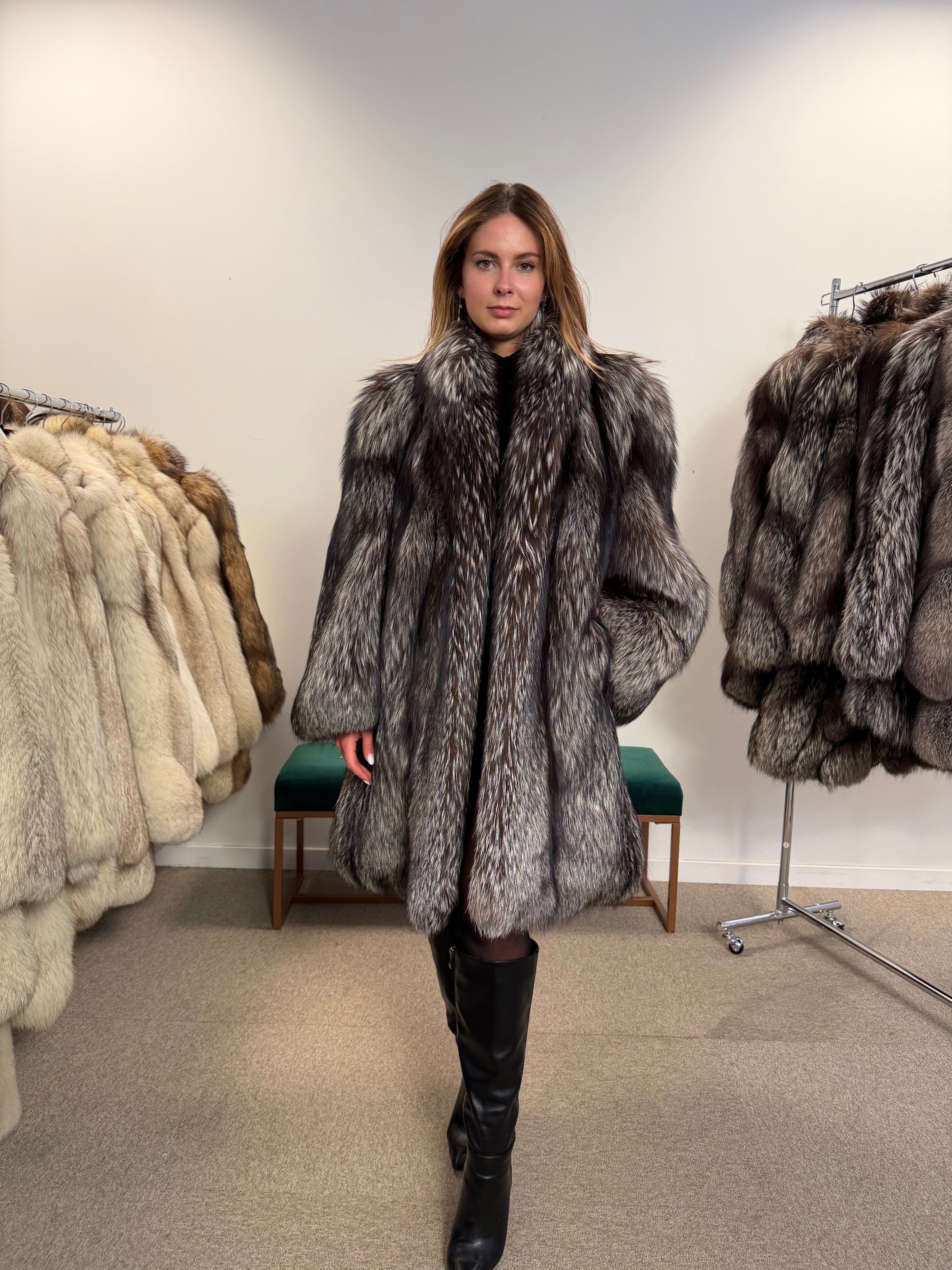Silver Fox Real Fur Coat, Size XXL, Full Sweep Swing Coat