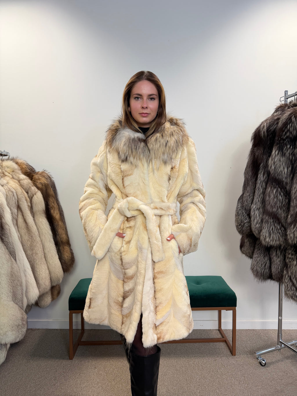 Mink Fur Coat, Sheared White, Fox Collar, Size M