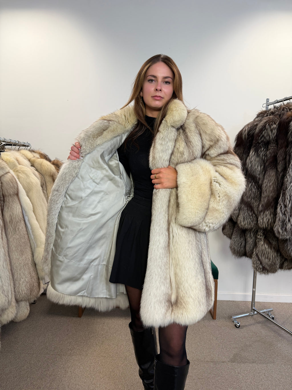 White Blue Fox Fur Coat, Size XL