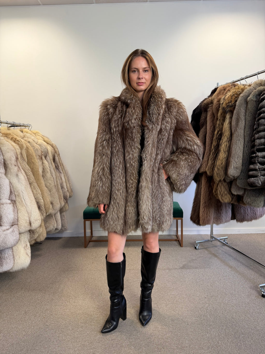 Silver Fox Fur Coat, Hip Length, Size L