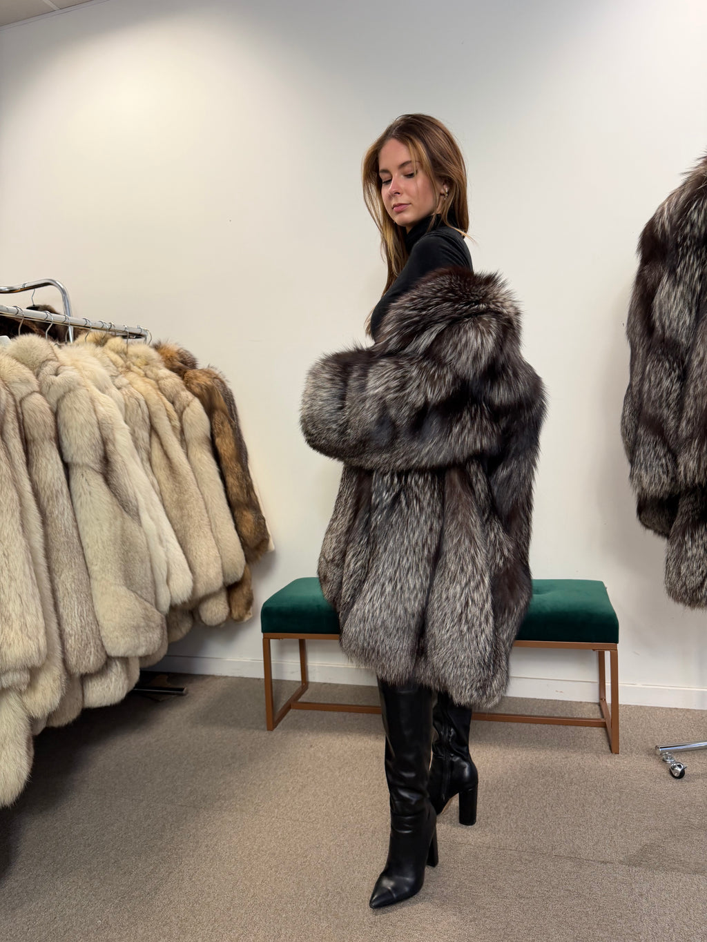Silver Fox Real Fur Coat, Size XXL, Full Sweep Swing Coat