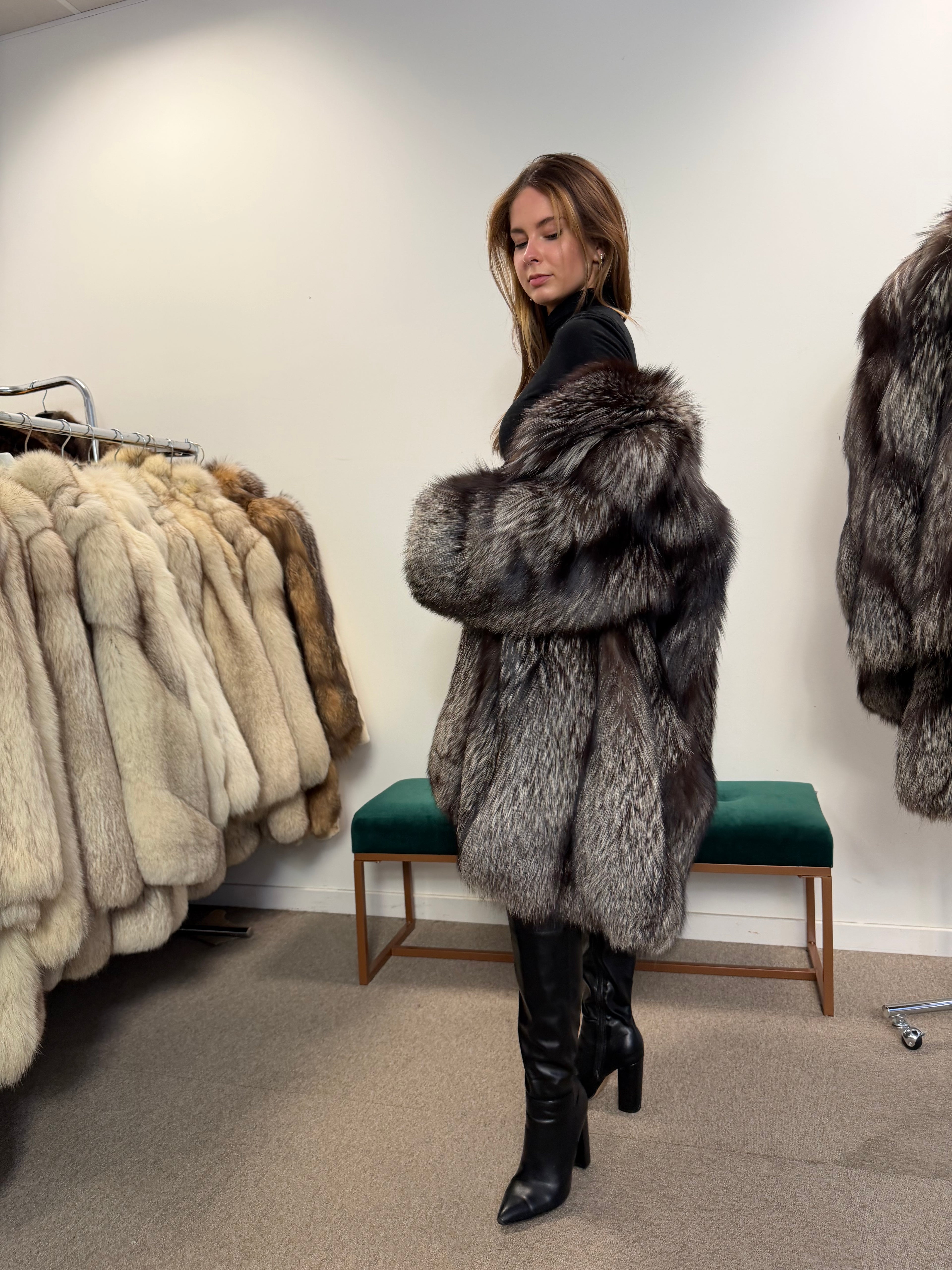 Silver Fox Real Fur Coat, Size XXL, Full Sweep Swing Coat