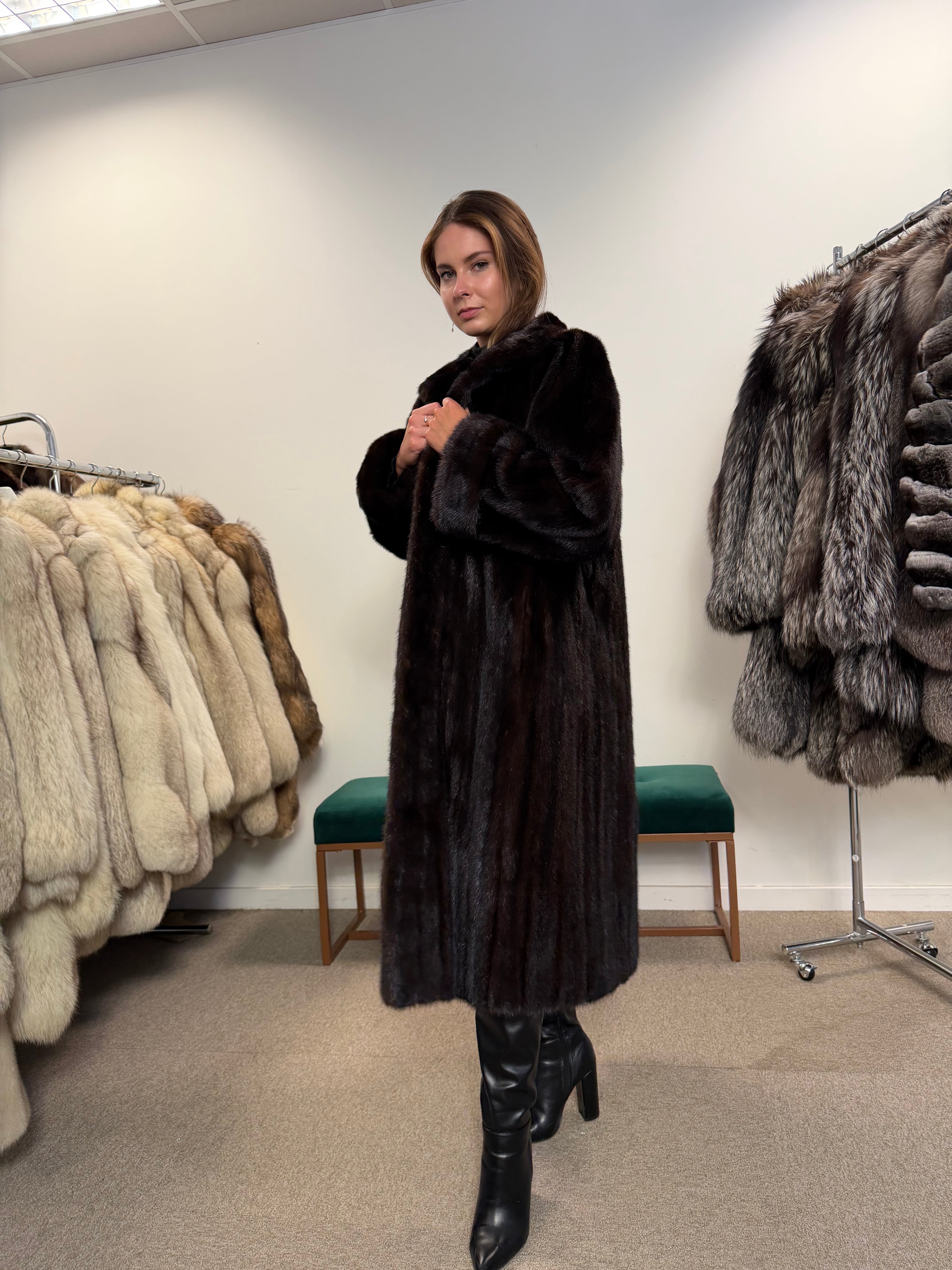 Mink Fur Coat, Dark Brown, Size M