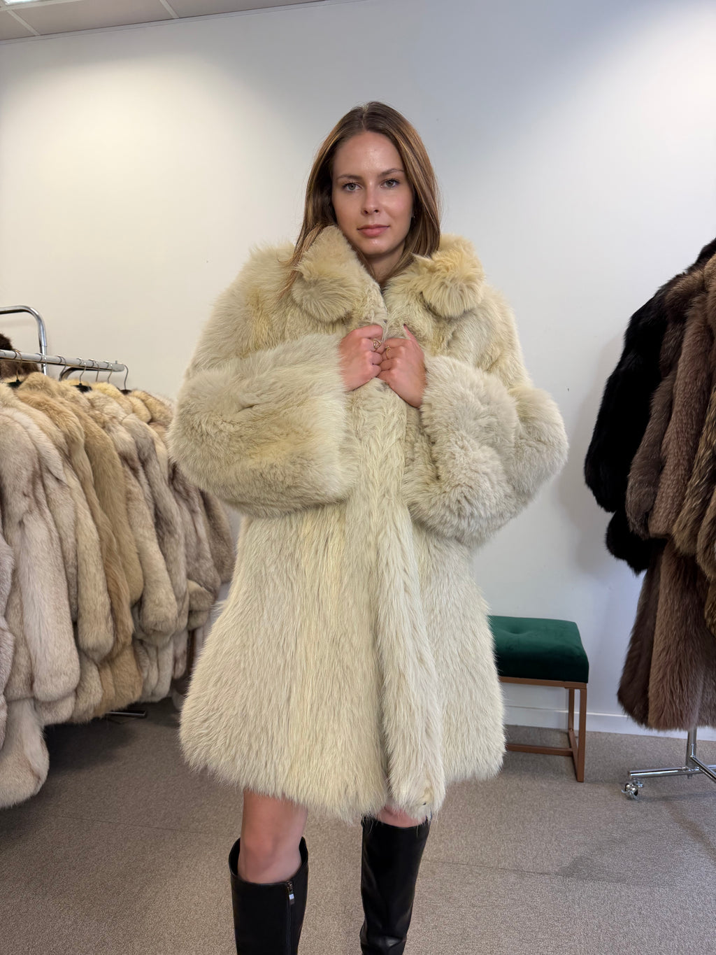 Fox Fur Coat, White, Size XL
