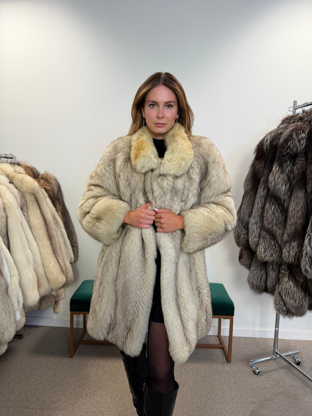 White Nordic Fox Fur Coat, Size M