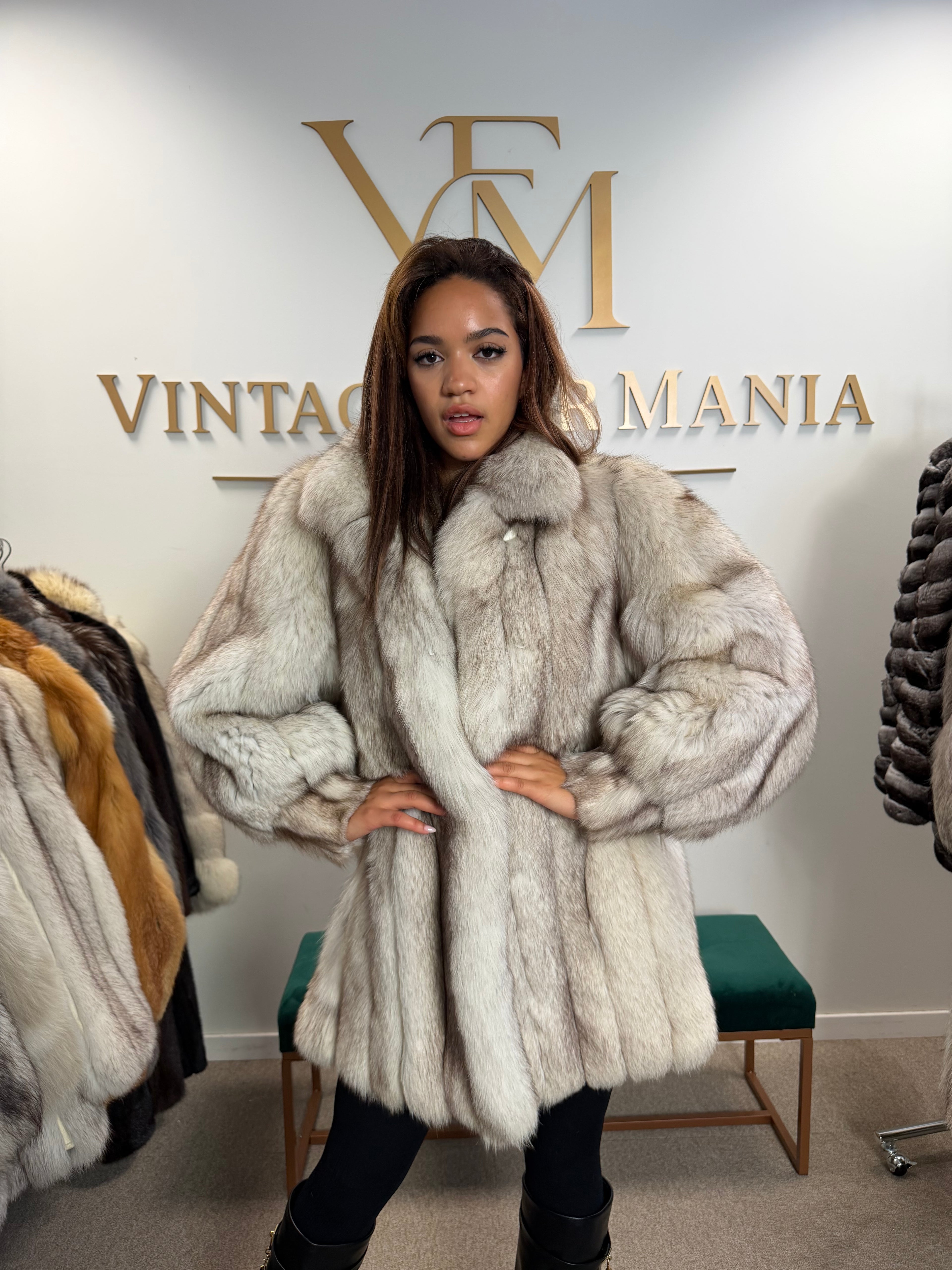 White Blue Fox Fur Coat, Like New, Medium