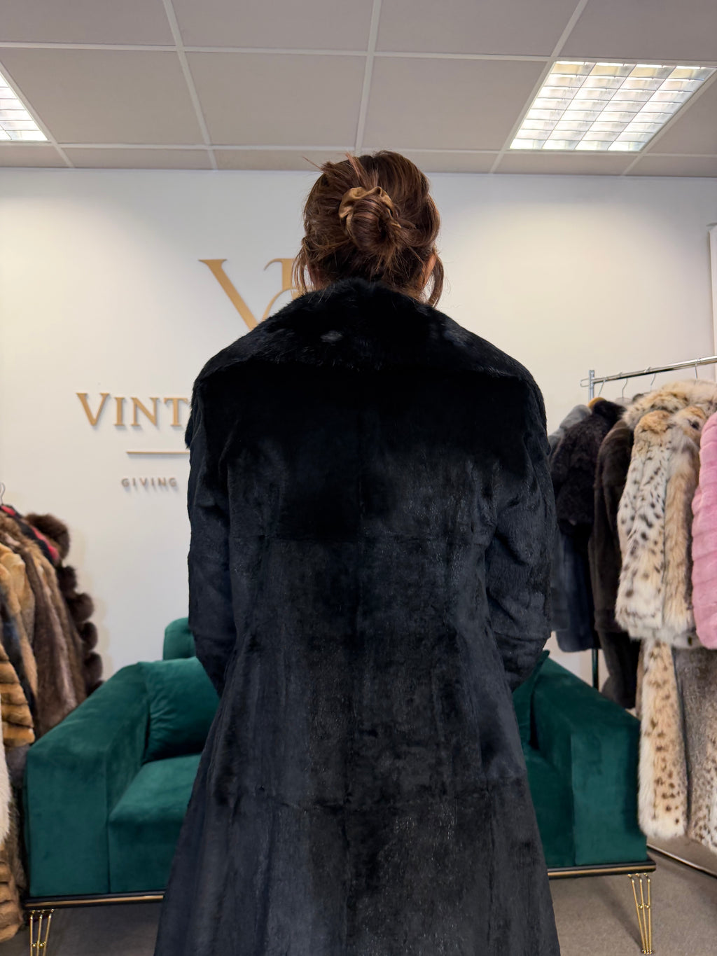 Black Sheared Rabbit Fur Coat, Small, Full Length