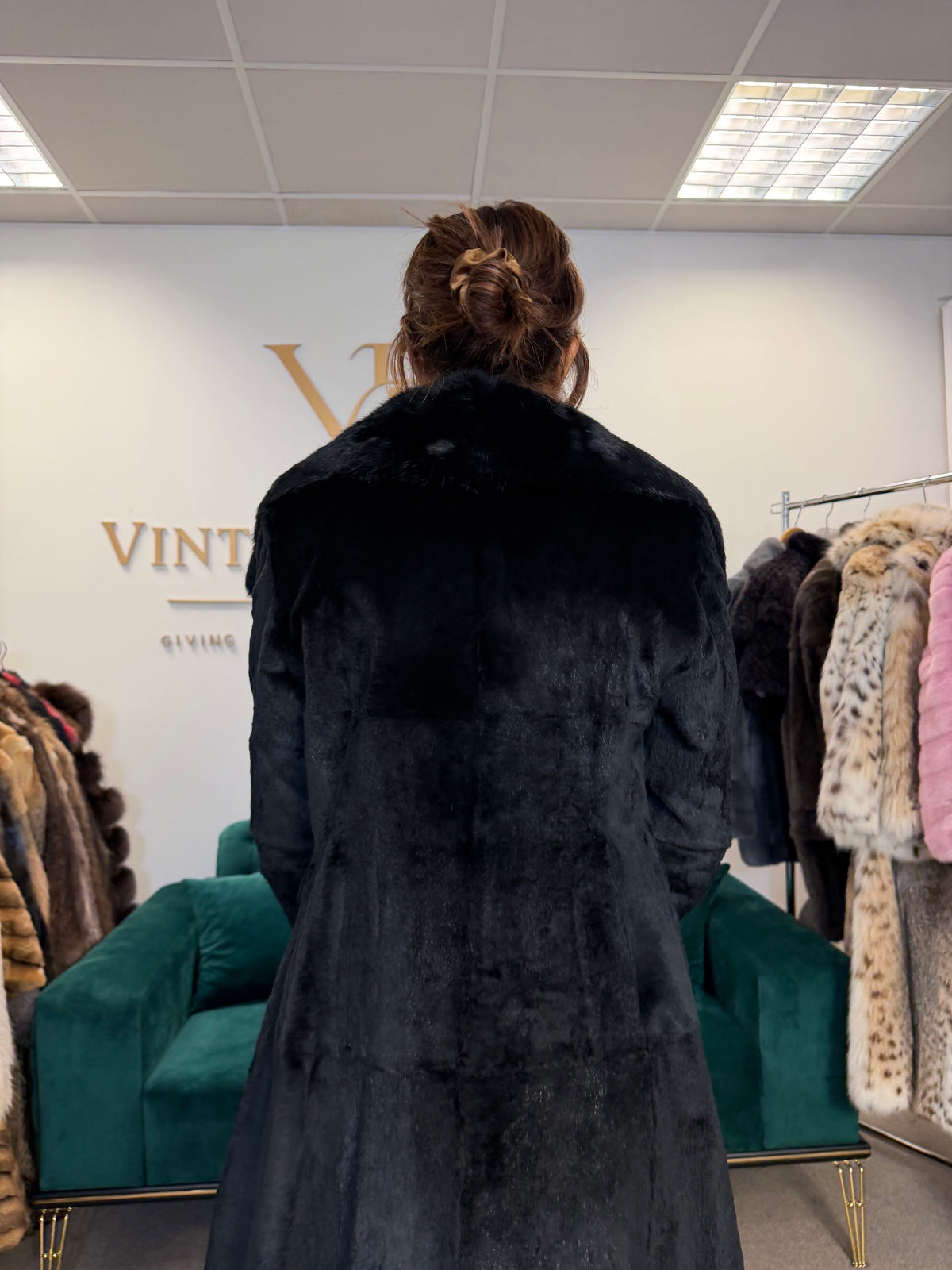 Black Sheared Rabbit Fur Coat, Small, Full Length