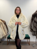 White Polar Fox Fur Coat, Leather, Size L
