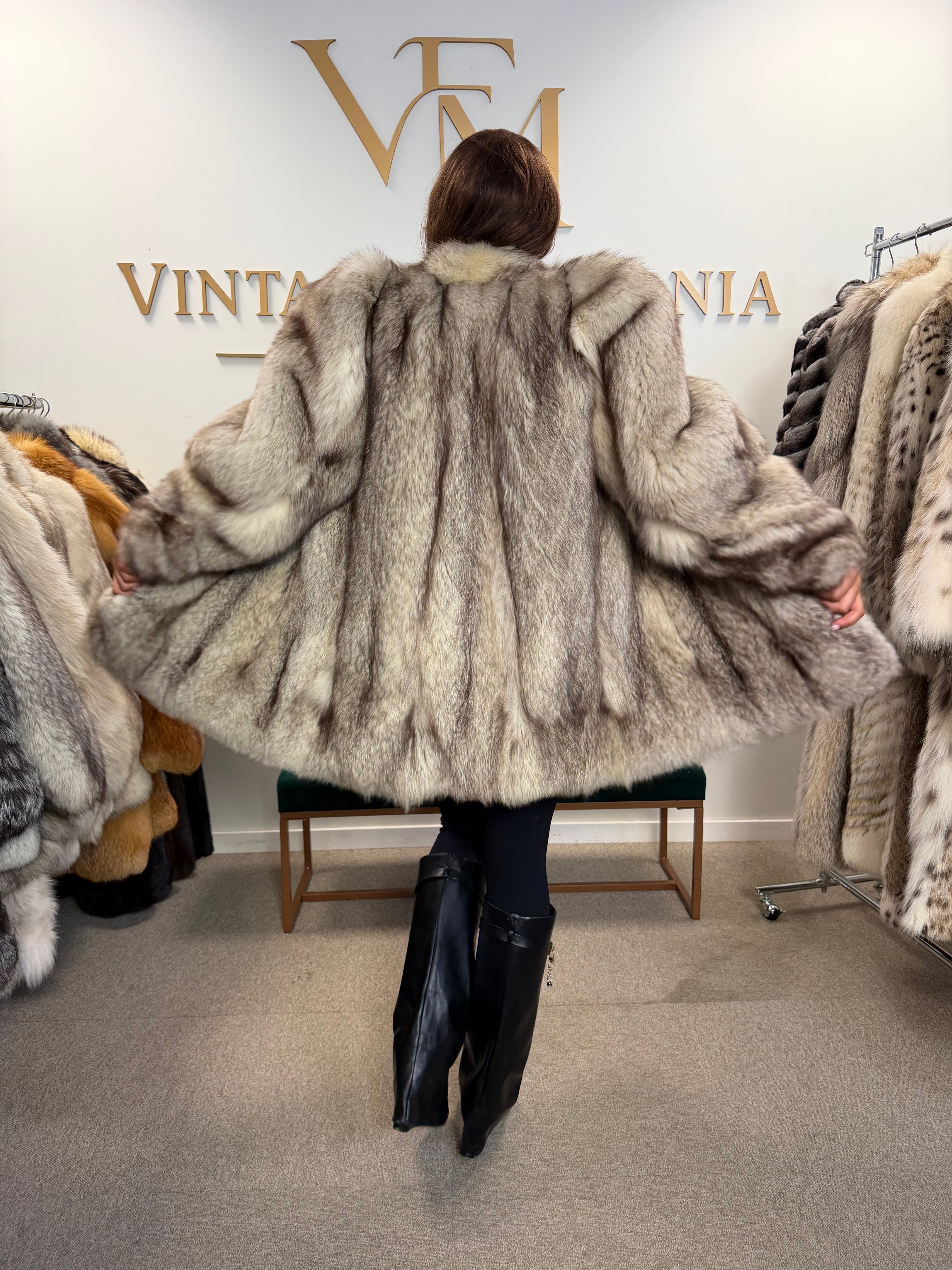 White Blue Fox Fur Coat, Dark Reflection, Medium