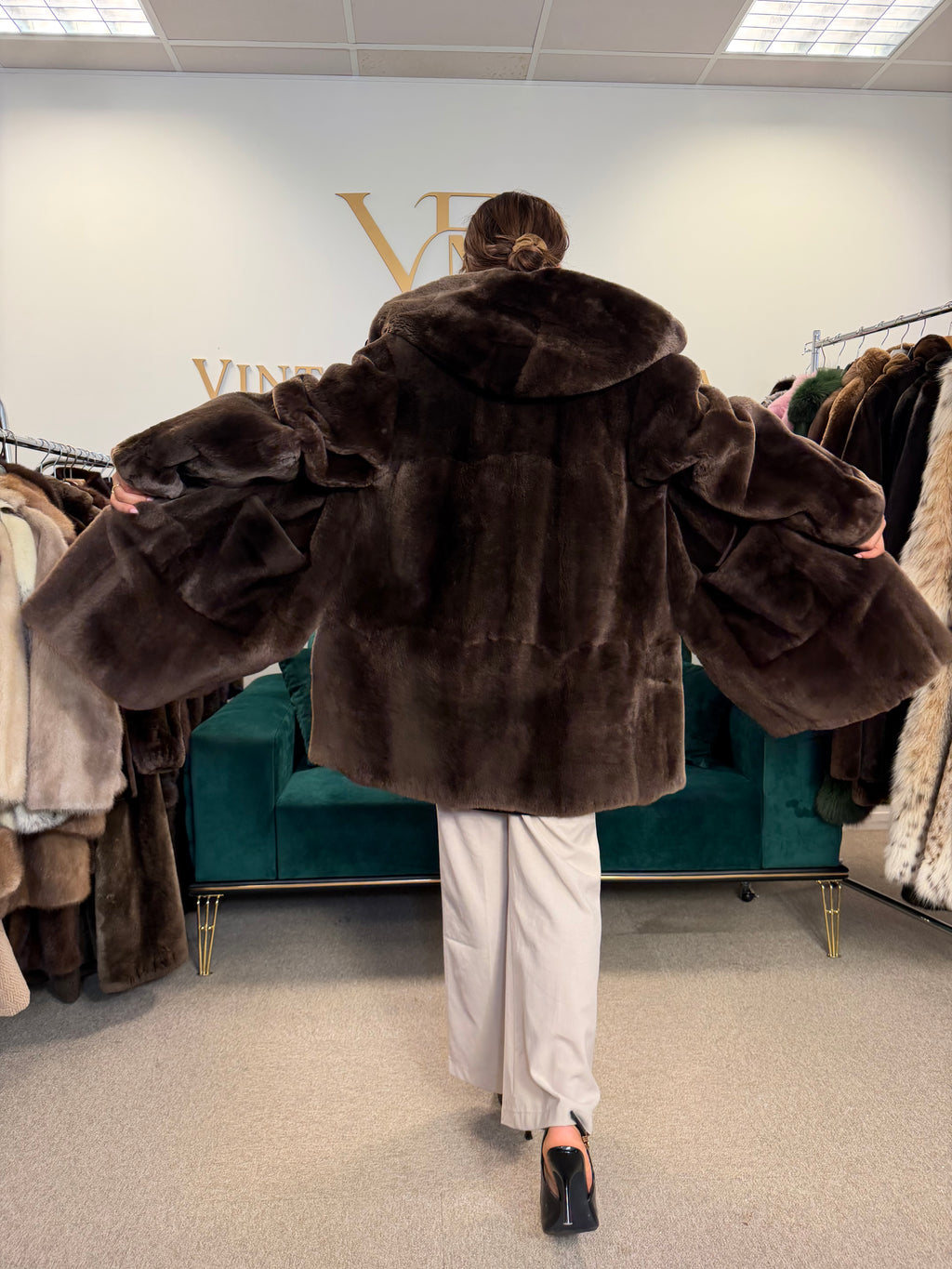 Sheared Beaver Fur Coat, Hooded, Oversize up to 3XL