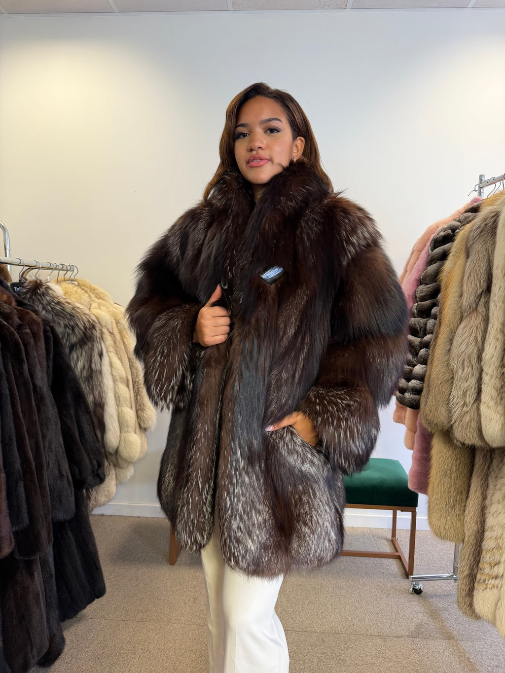 Silver Fox Fur Coat, Dark, Size XL