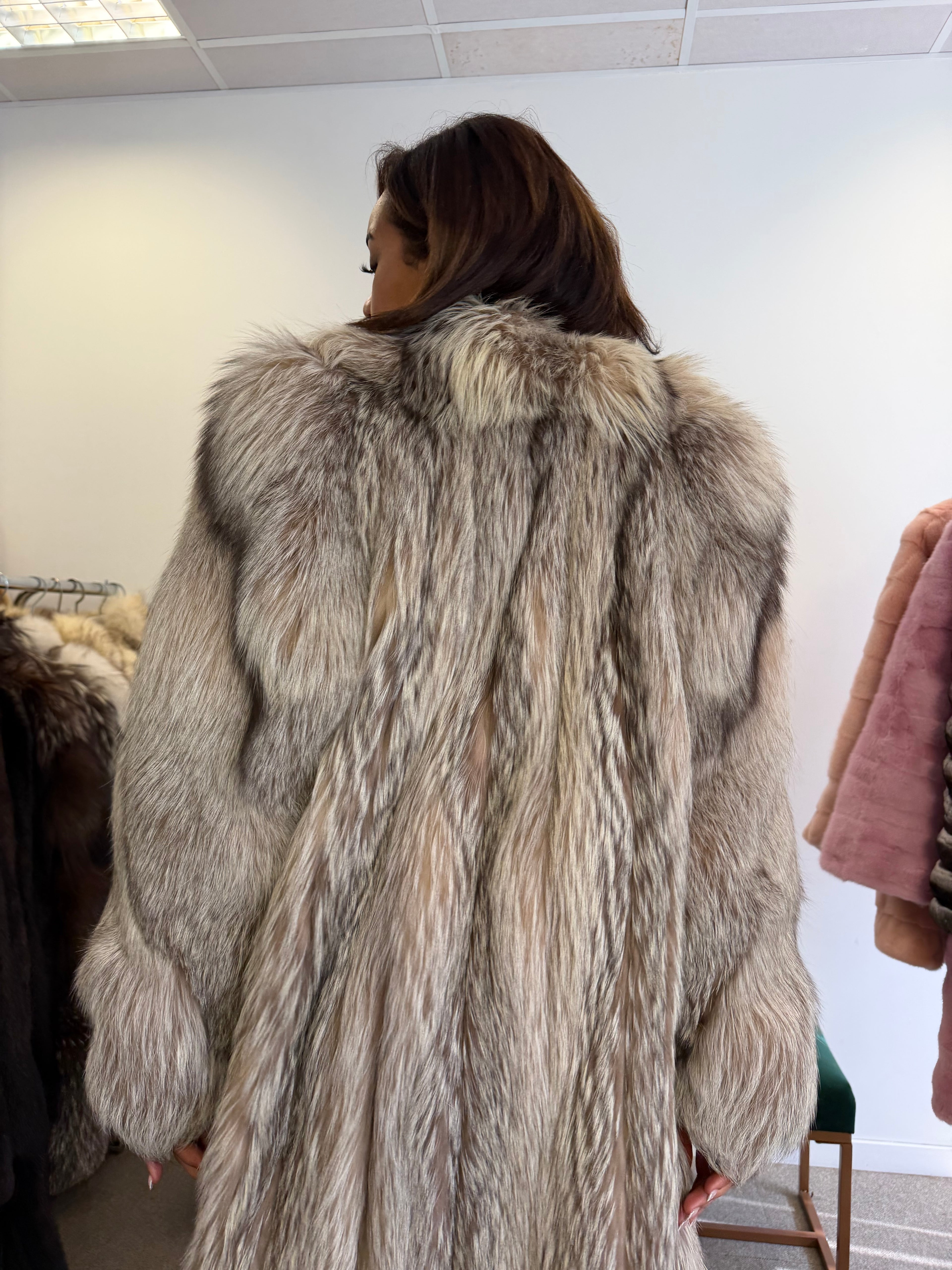 Silver Fox Fur Coat, Full Length, Size L