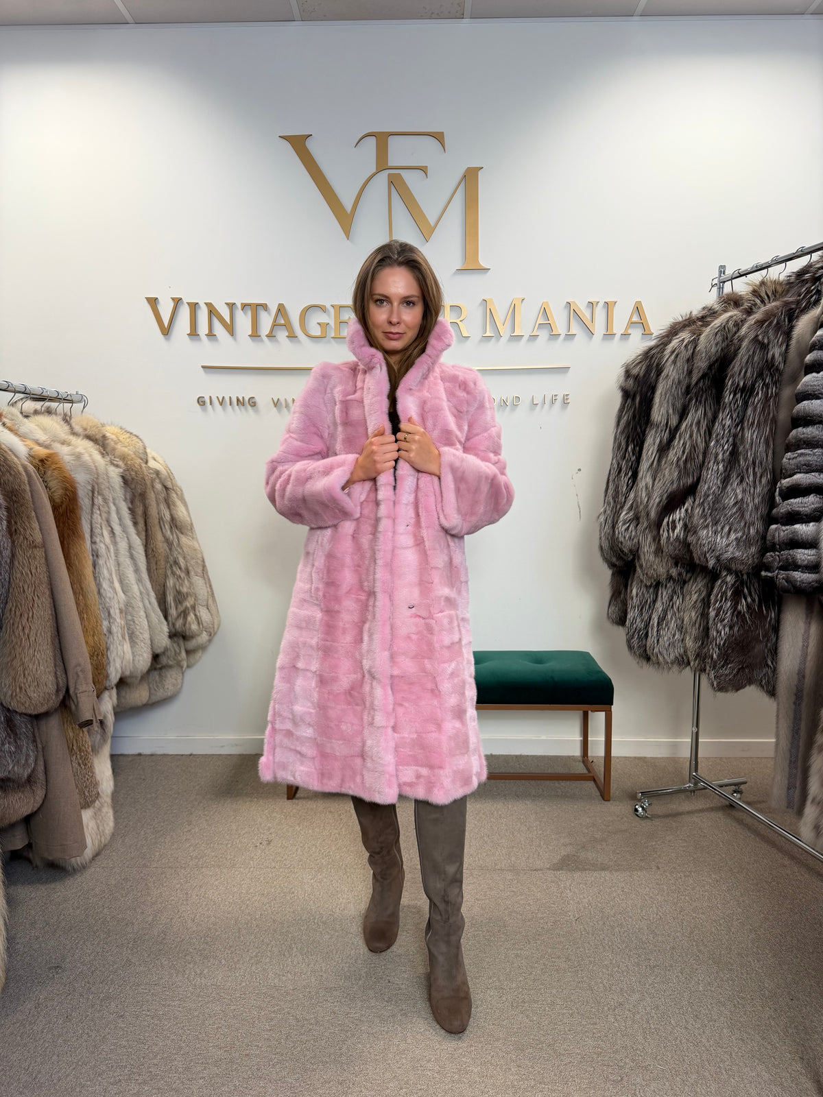 Mink Fur Coat, Pink Swinger, Size M/L