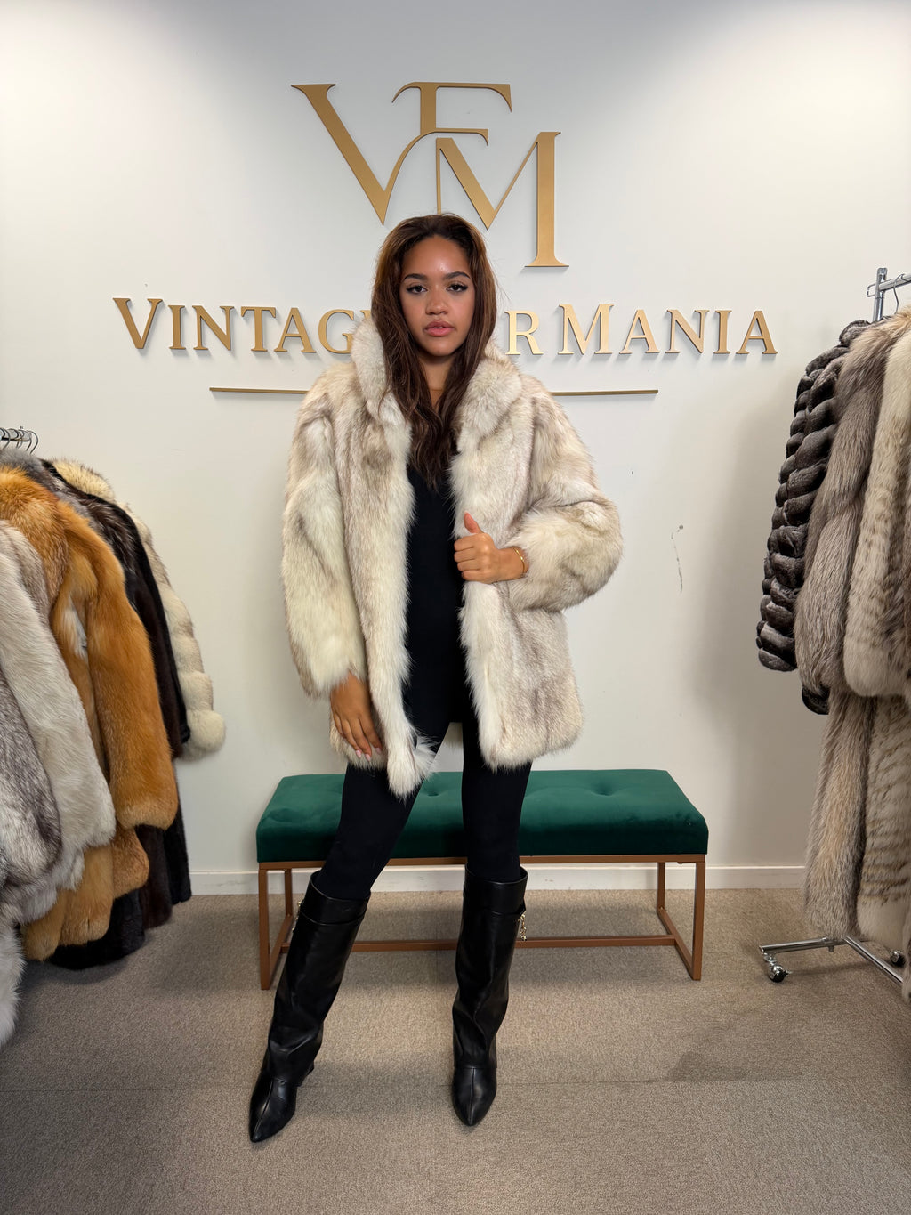 White Blue Fox Fur Coat, Soft, Small