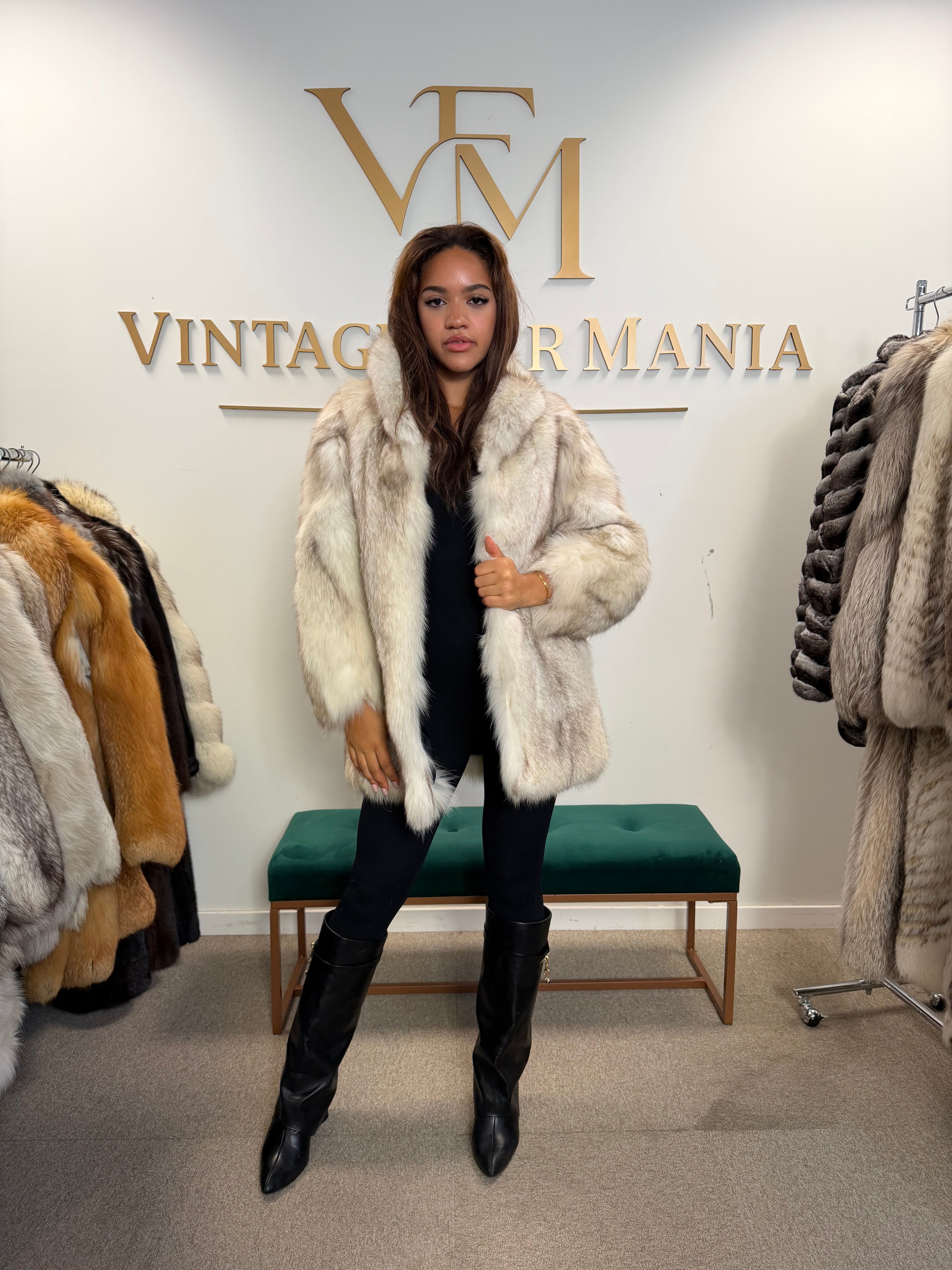 White Blue Fox Fur Coat, Soft, Small