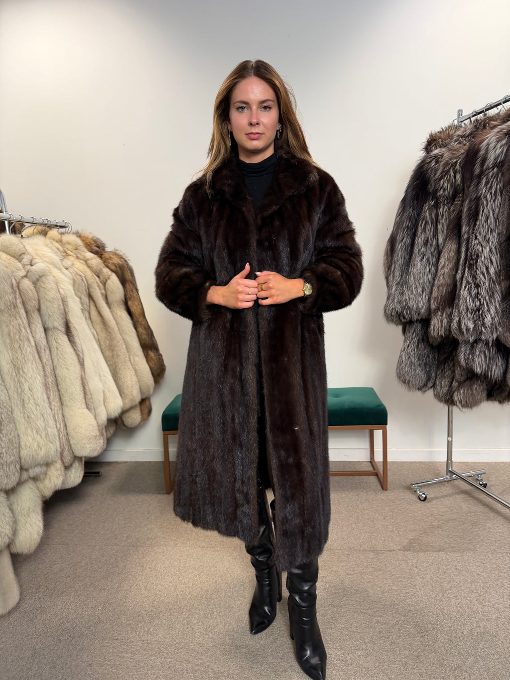 Mink Fur Coat, Dark Brown, Size M