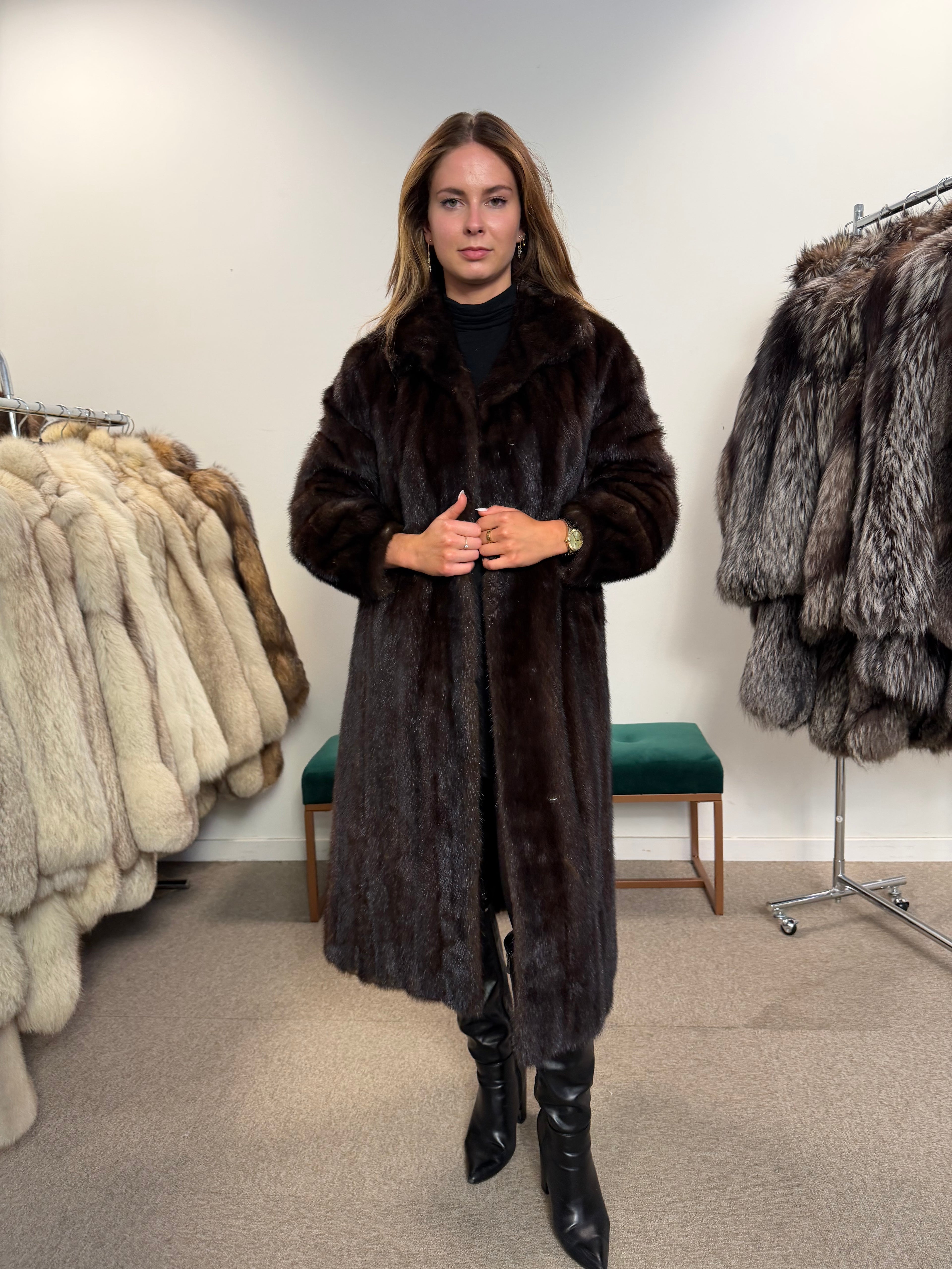 Mink Fur Coat, Dark Brown, Size M