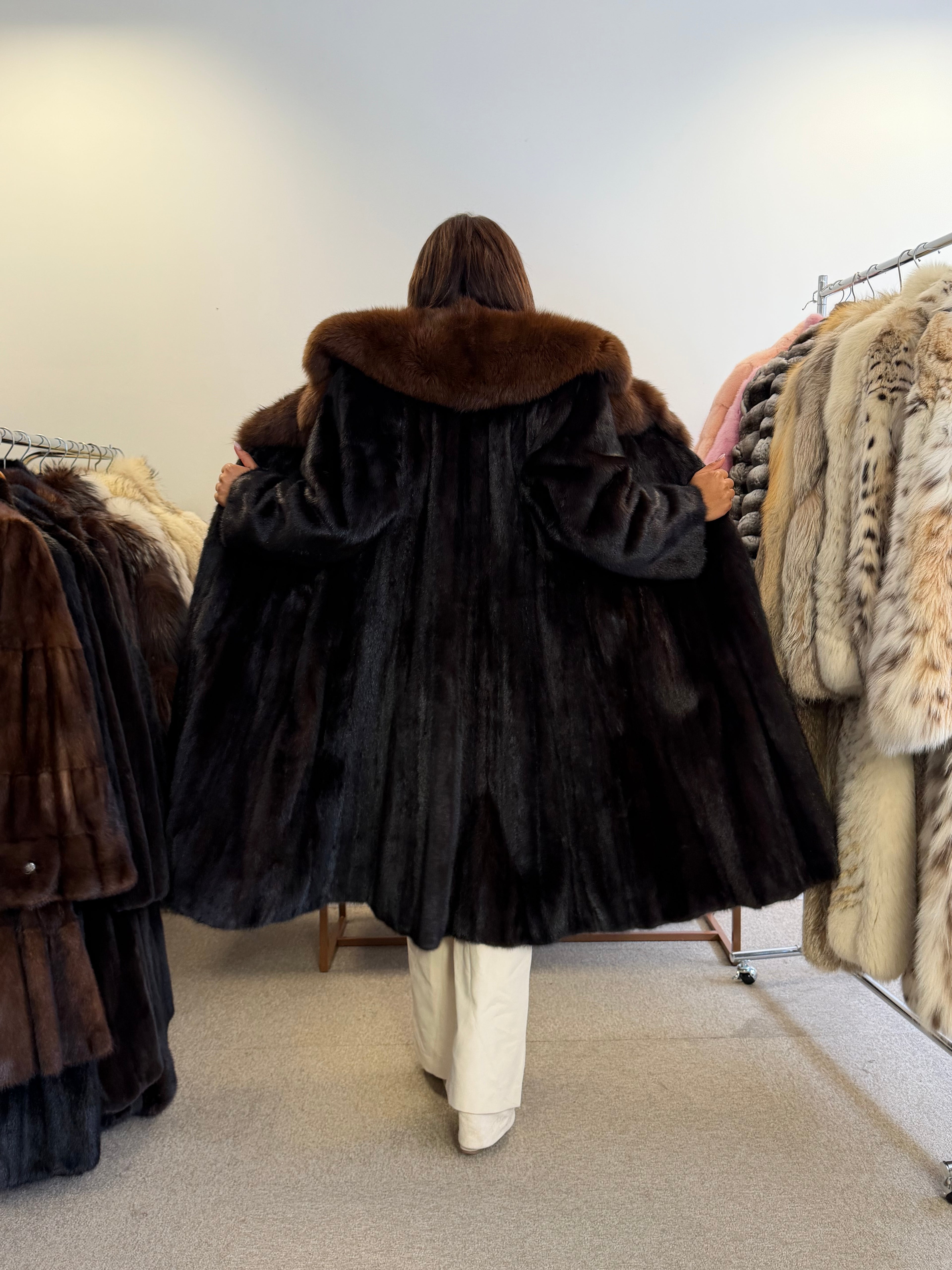 Mink Fur Coat, Dark Brown, SAGA Mink with brown fox Collar, L size