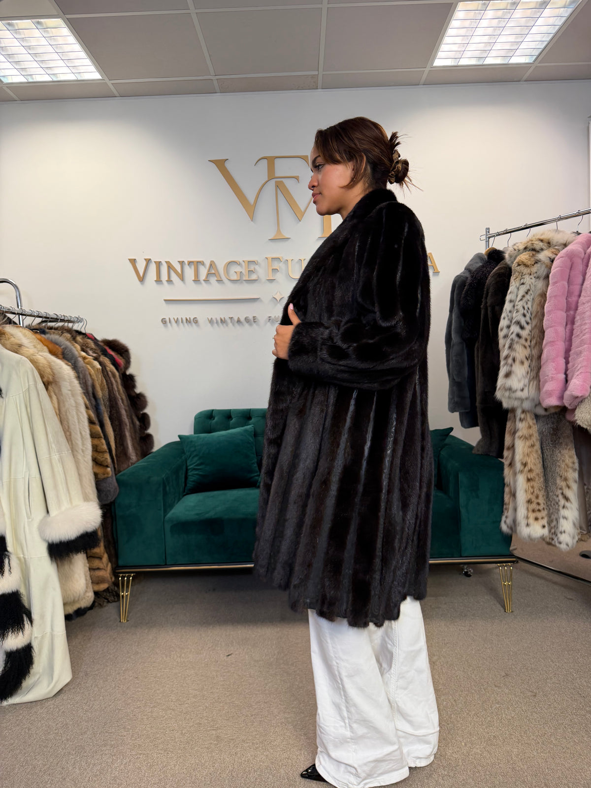 Dark Mink Fur Coat, Large, Swinger, Leather, Designer
