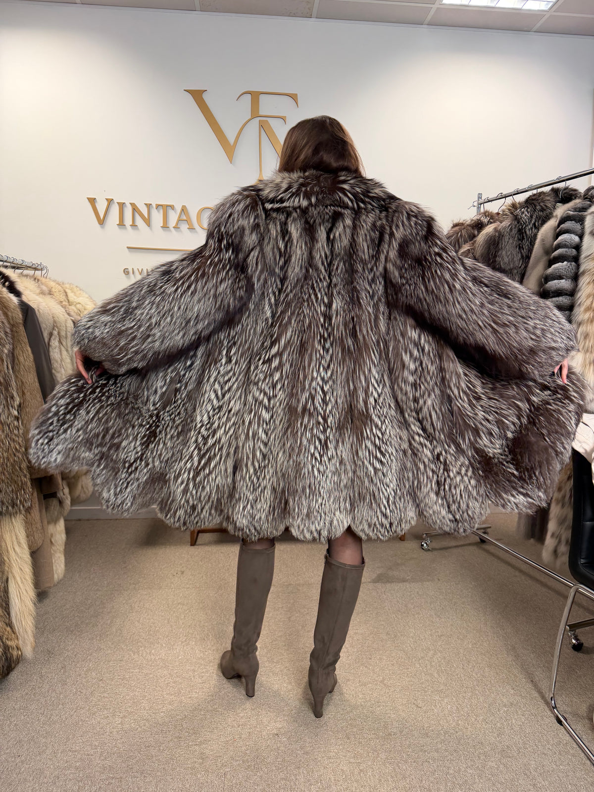Silver Fox Fur Coat, Large, SAGA, Swinger, Trimmed