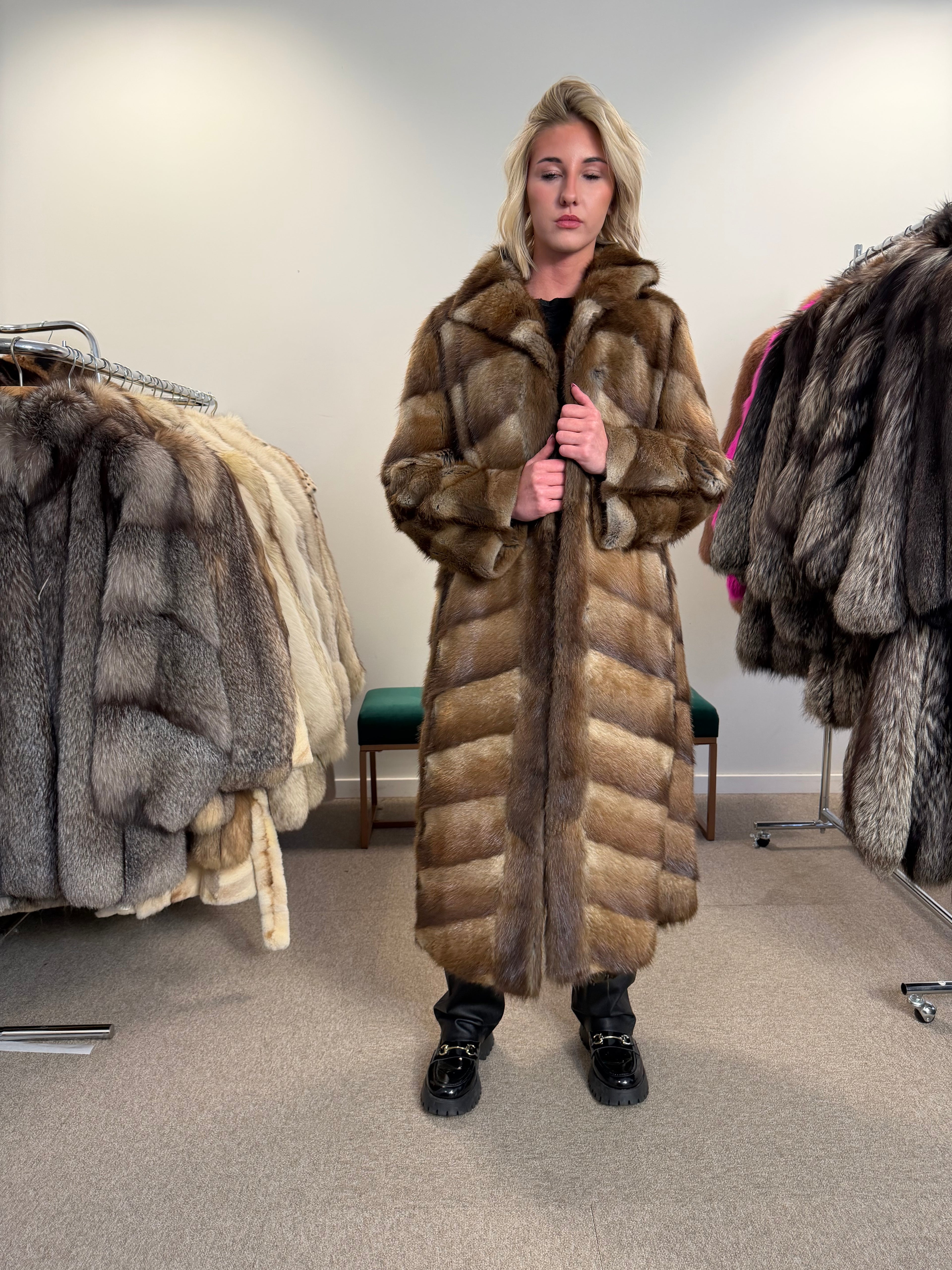 Muskrat Fur Coat, Brown, Full Length, Size S