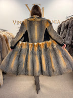 Grey Fox Fur Coat, Small, Black Leather