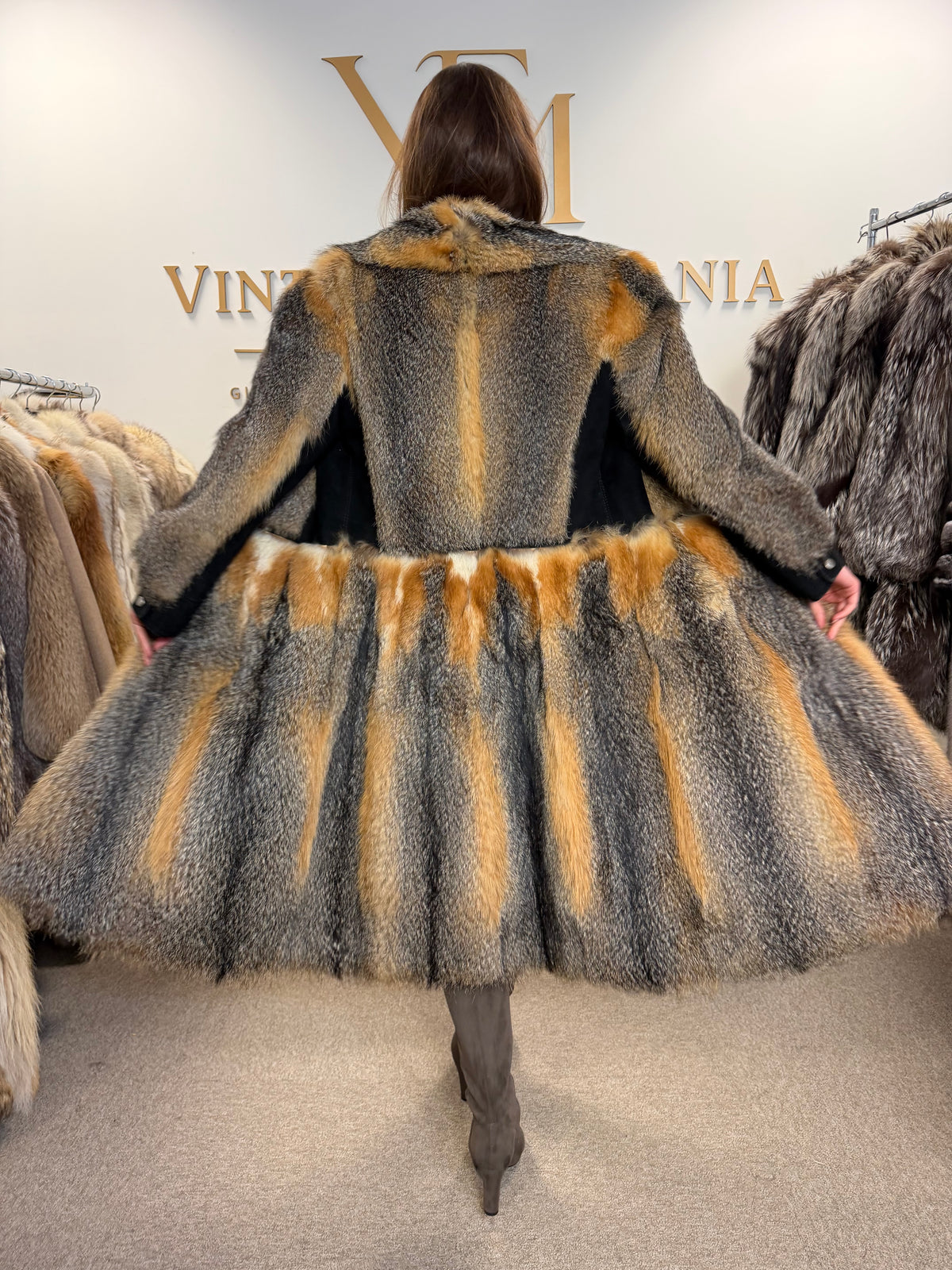 Grey Fox Fur Coat, Small, Black Leather