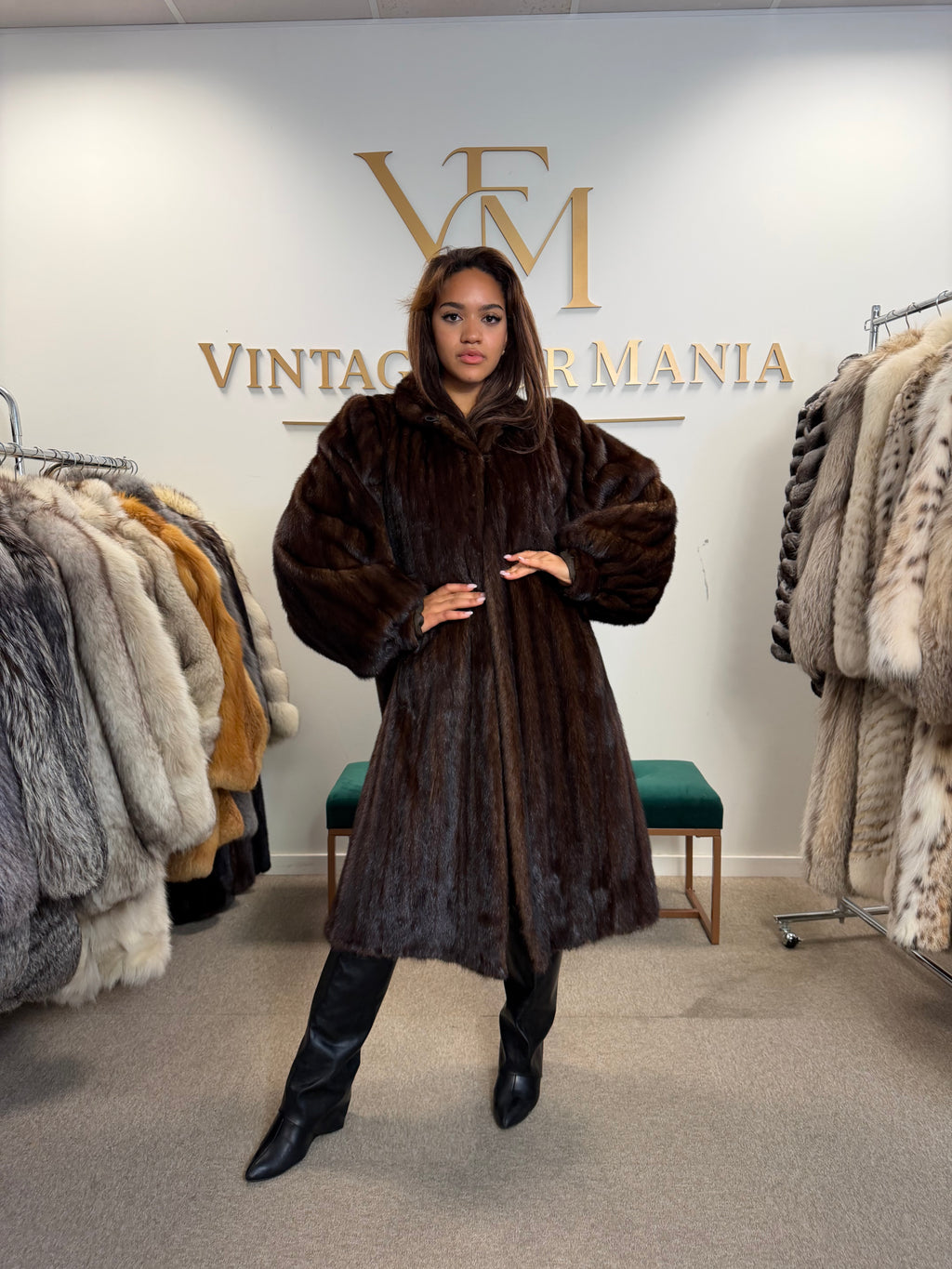 Brown Mink Fur Coat, XL, Single Button Front
