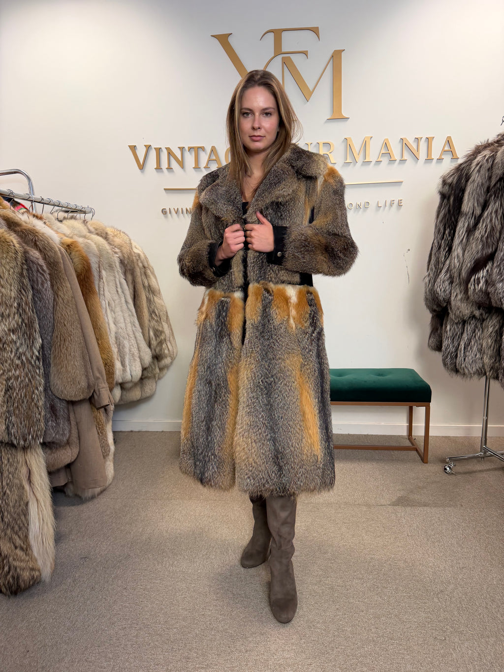 Grey Fox Fur Coat, Small, Black Leather