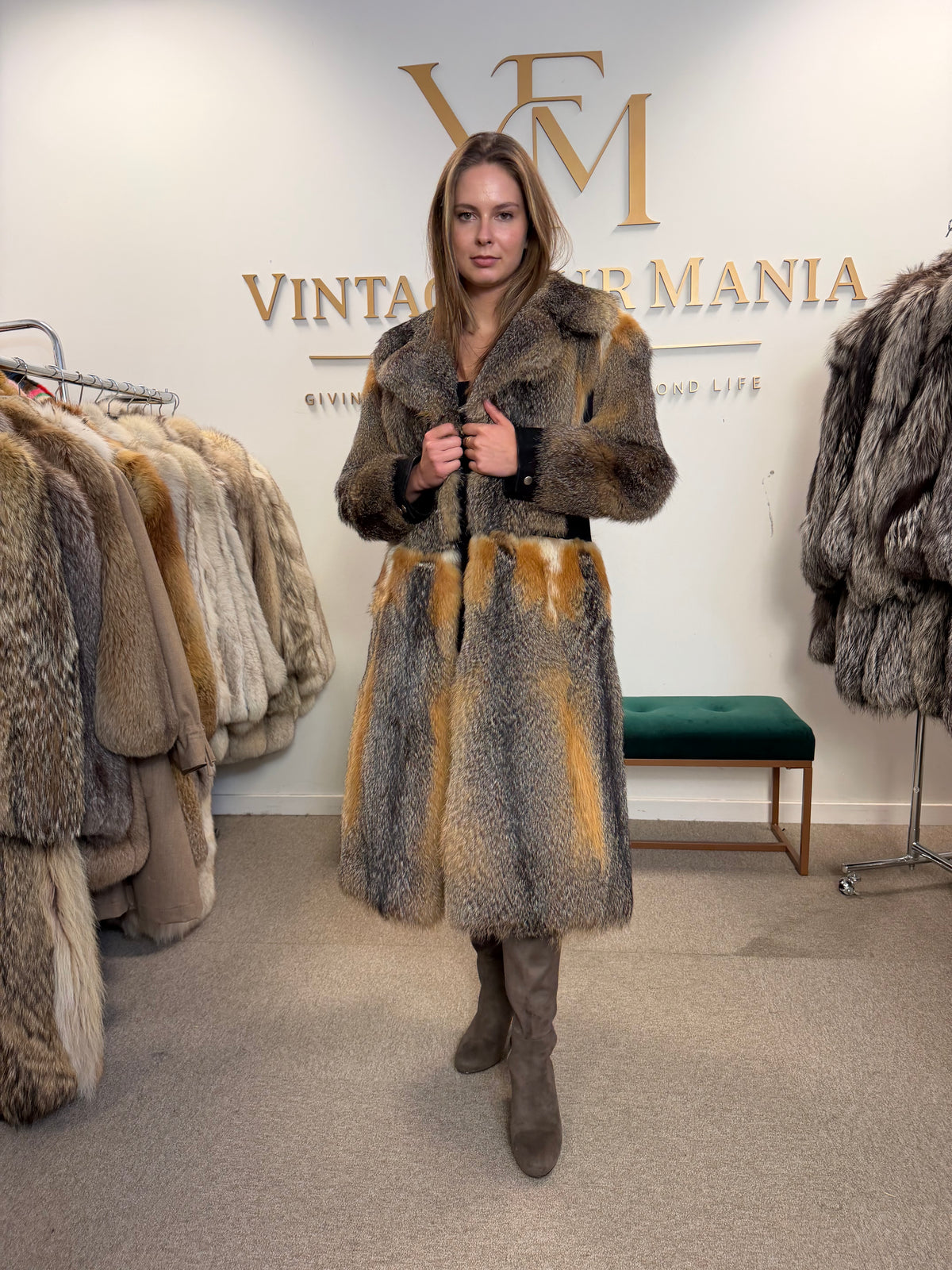 Grey Fox Fur Coat, Small, Black Leather